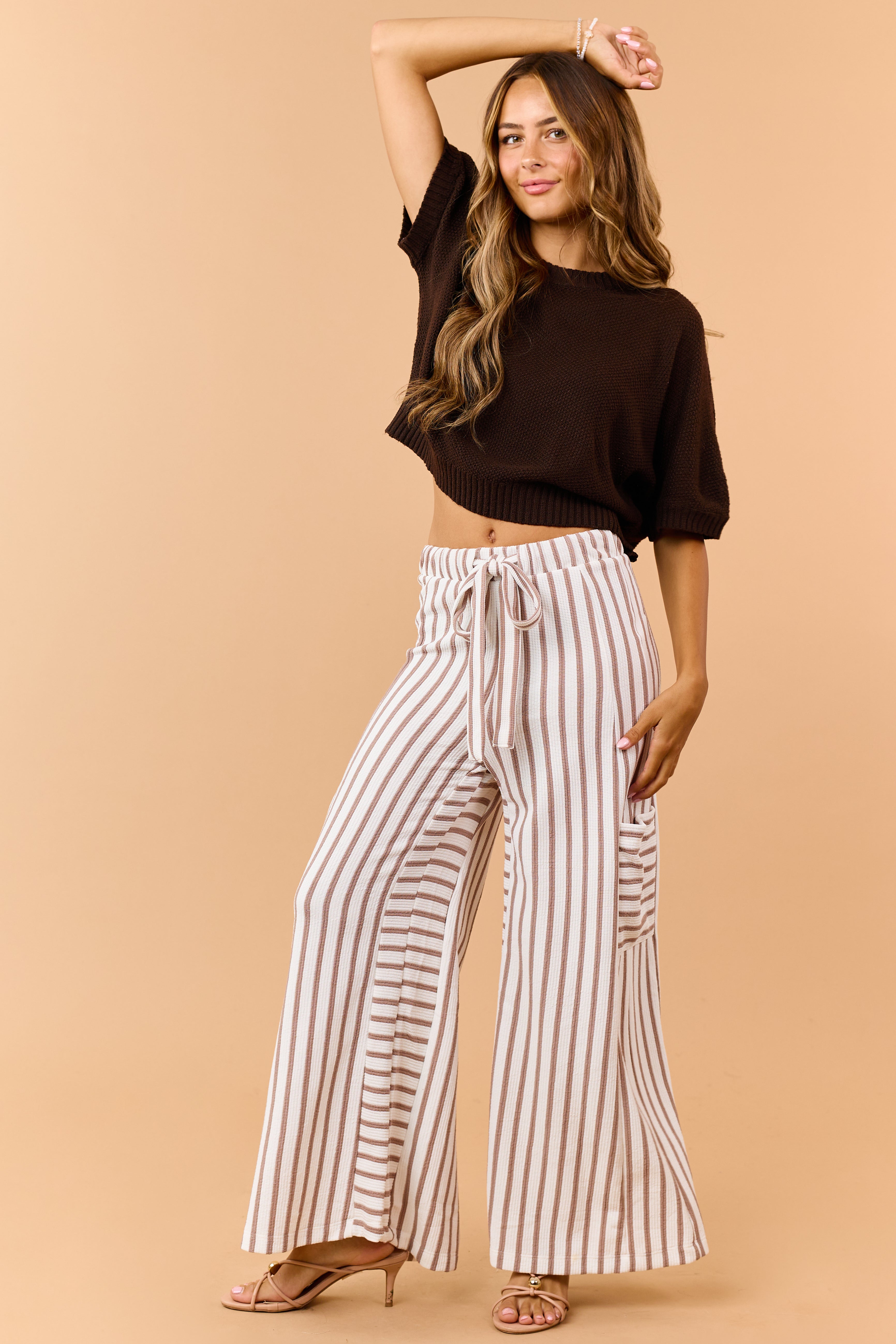 Latte and White Striped Wide Leg Pants