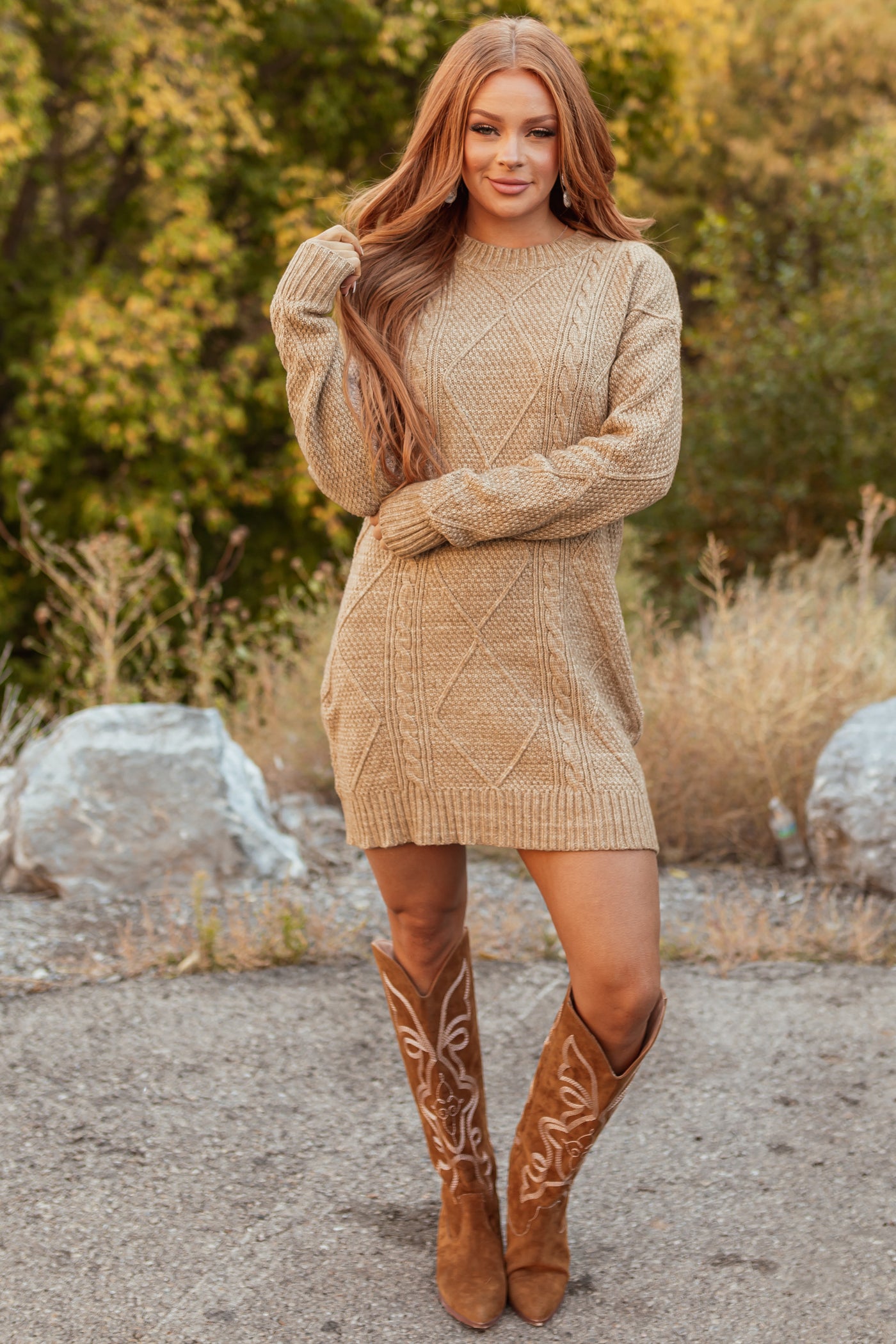 Latte Cable Knit Loose Fit Short Sweater Dress Latte Cable Knit Loose Fit Short Sweater Dress