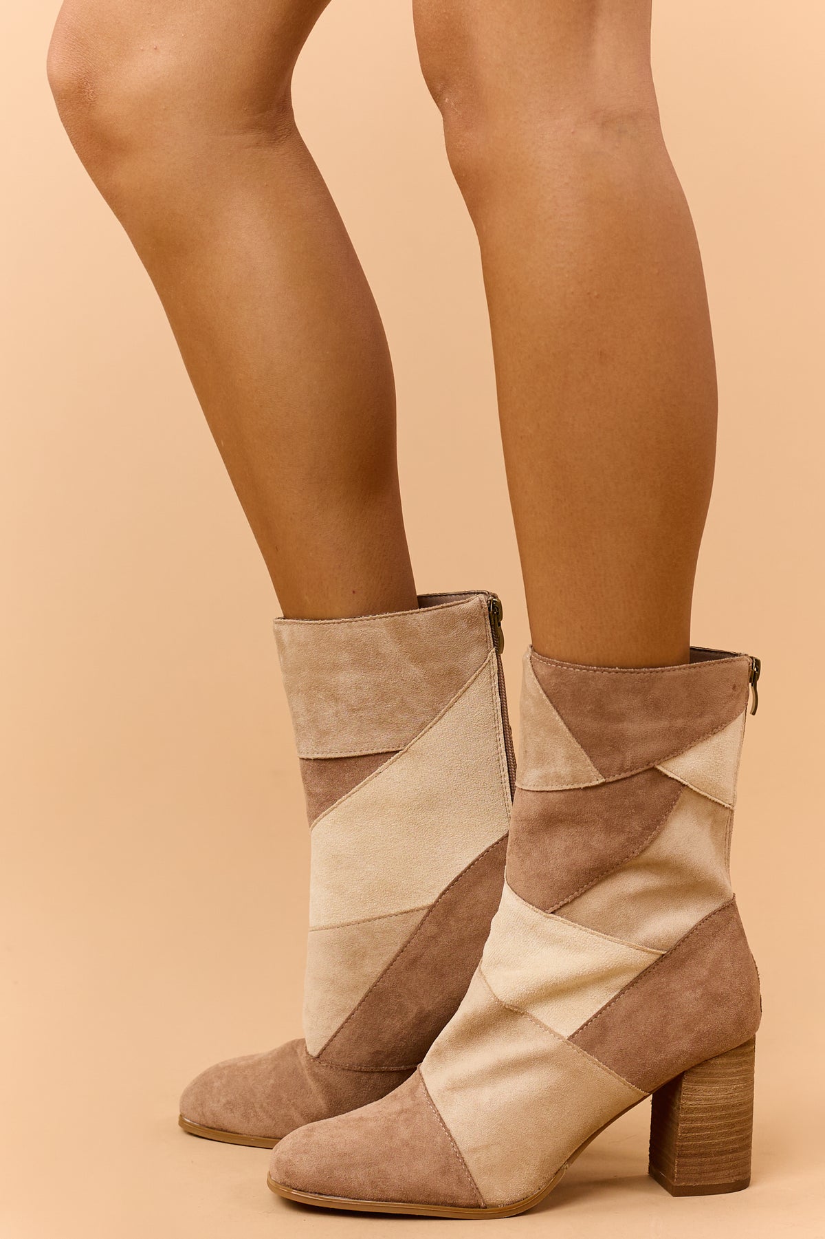 Latte Colorblock Microsuede Block Heel Booties