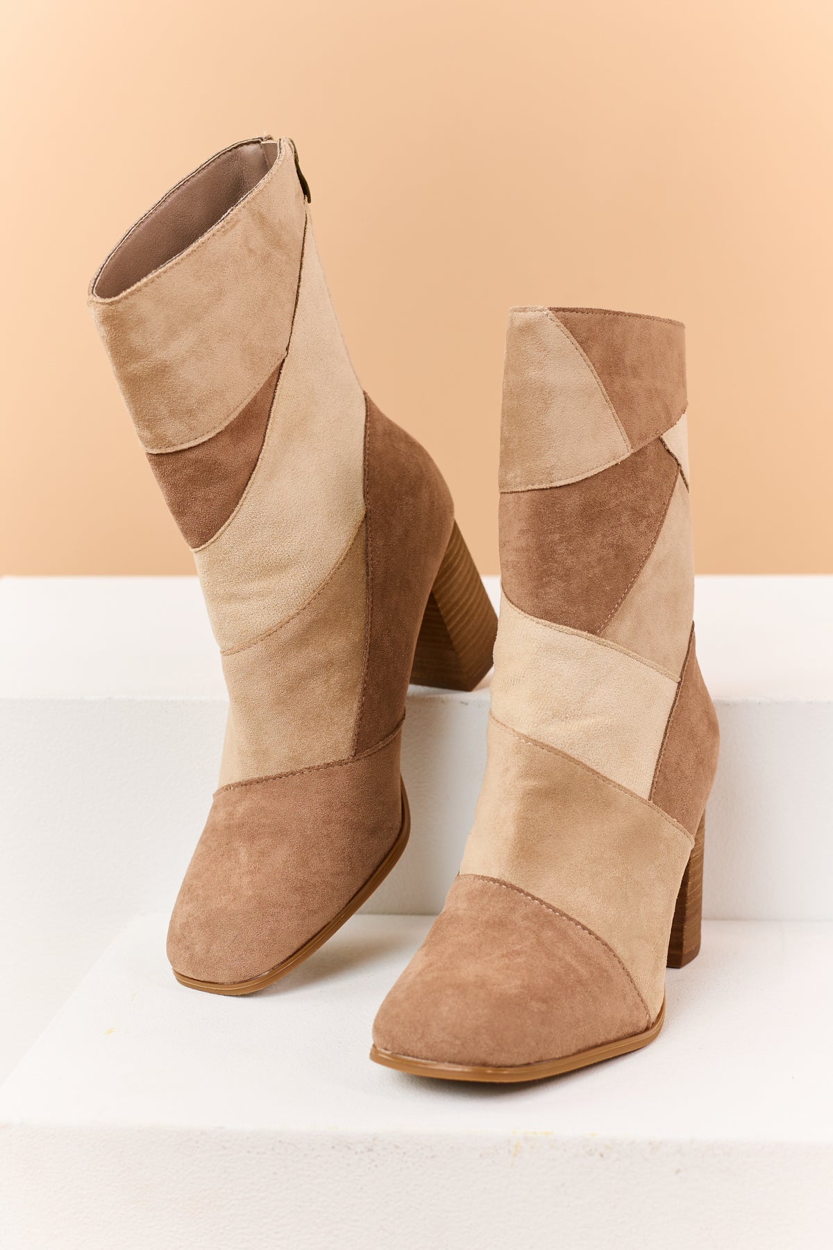 Latte Colorblock Microsuede Block Heel Booties
