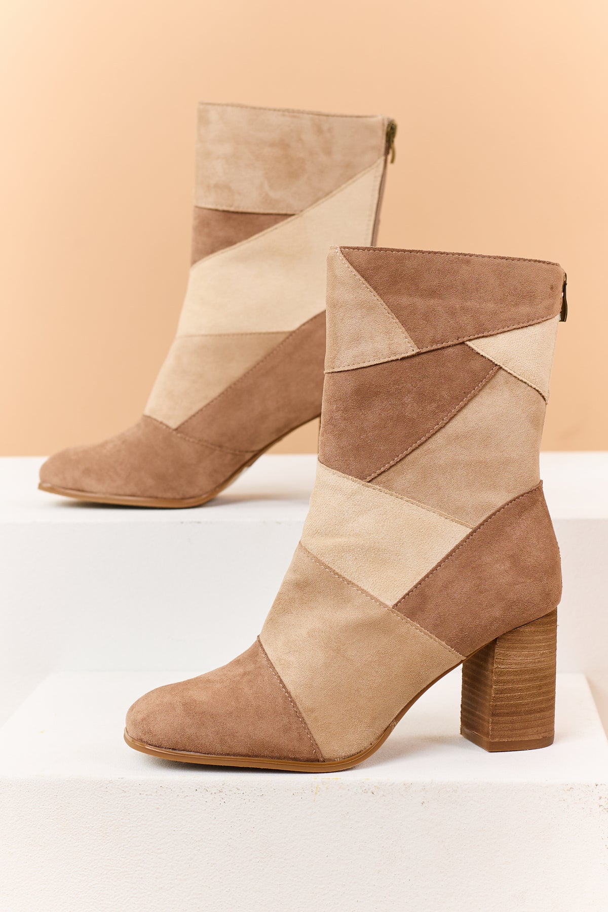 Latte Colorblock Microsuede Block Heel Booties