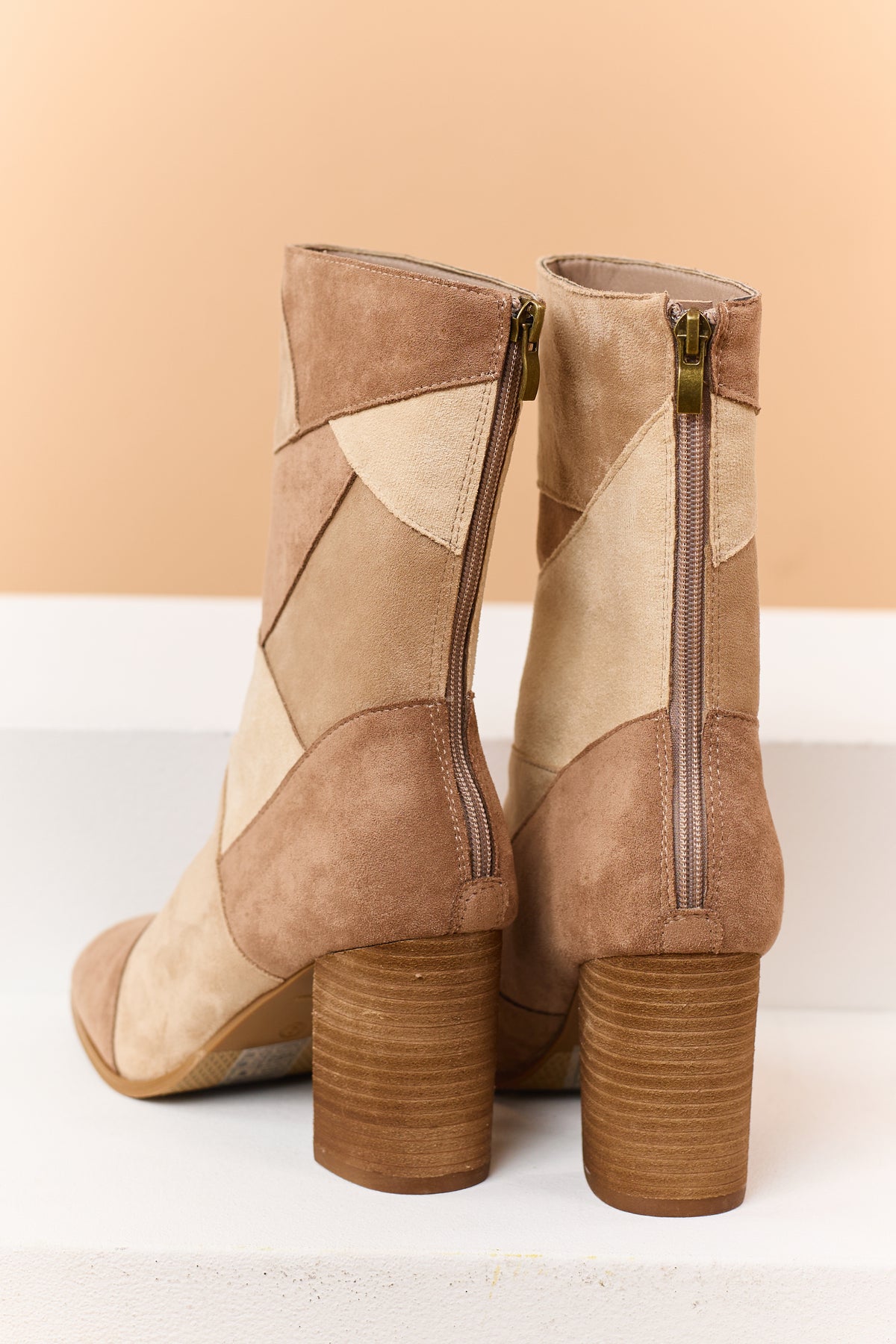 Latte Colorblock Microsuede Block Heel Booties