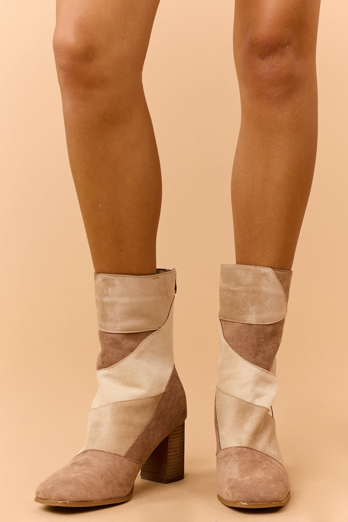 Latte Colorblock Microsuede Block Heel Booties