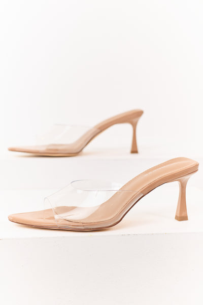 Latte Faux Leather Open Toe Slip On Heels