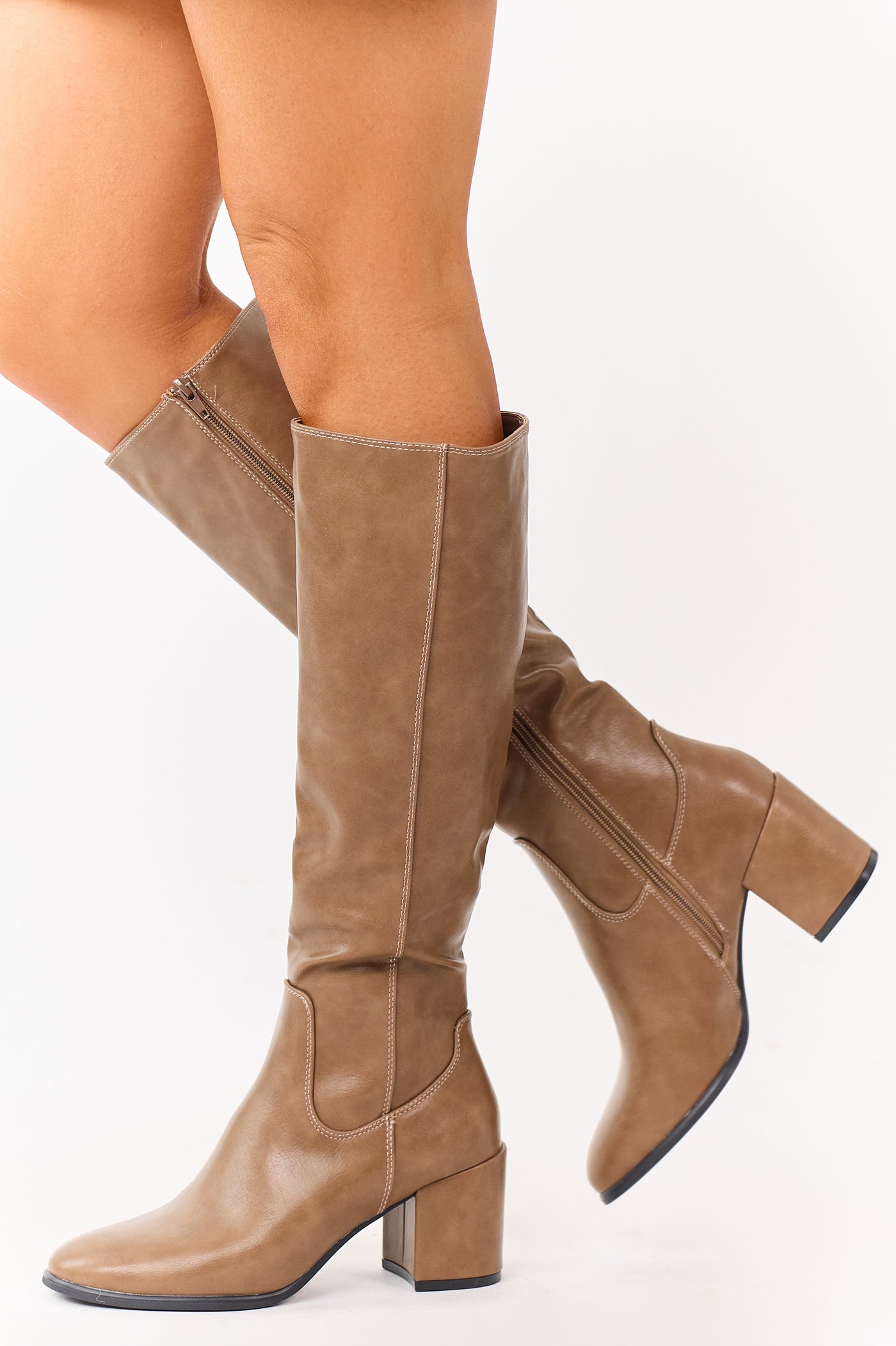 Latte Faux Leather Tall Block Heel Boots