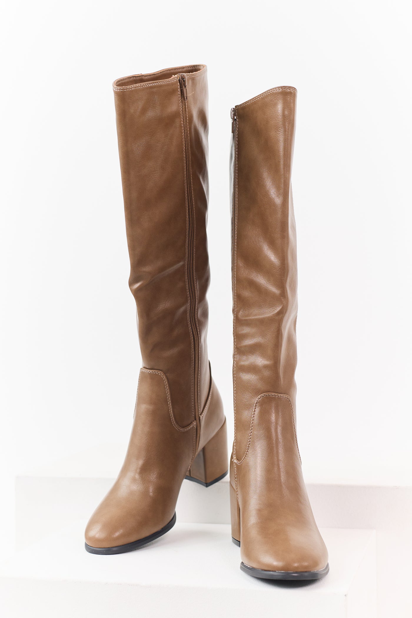 Latte Faux Leather Tall Block Heel Boots