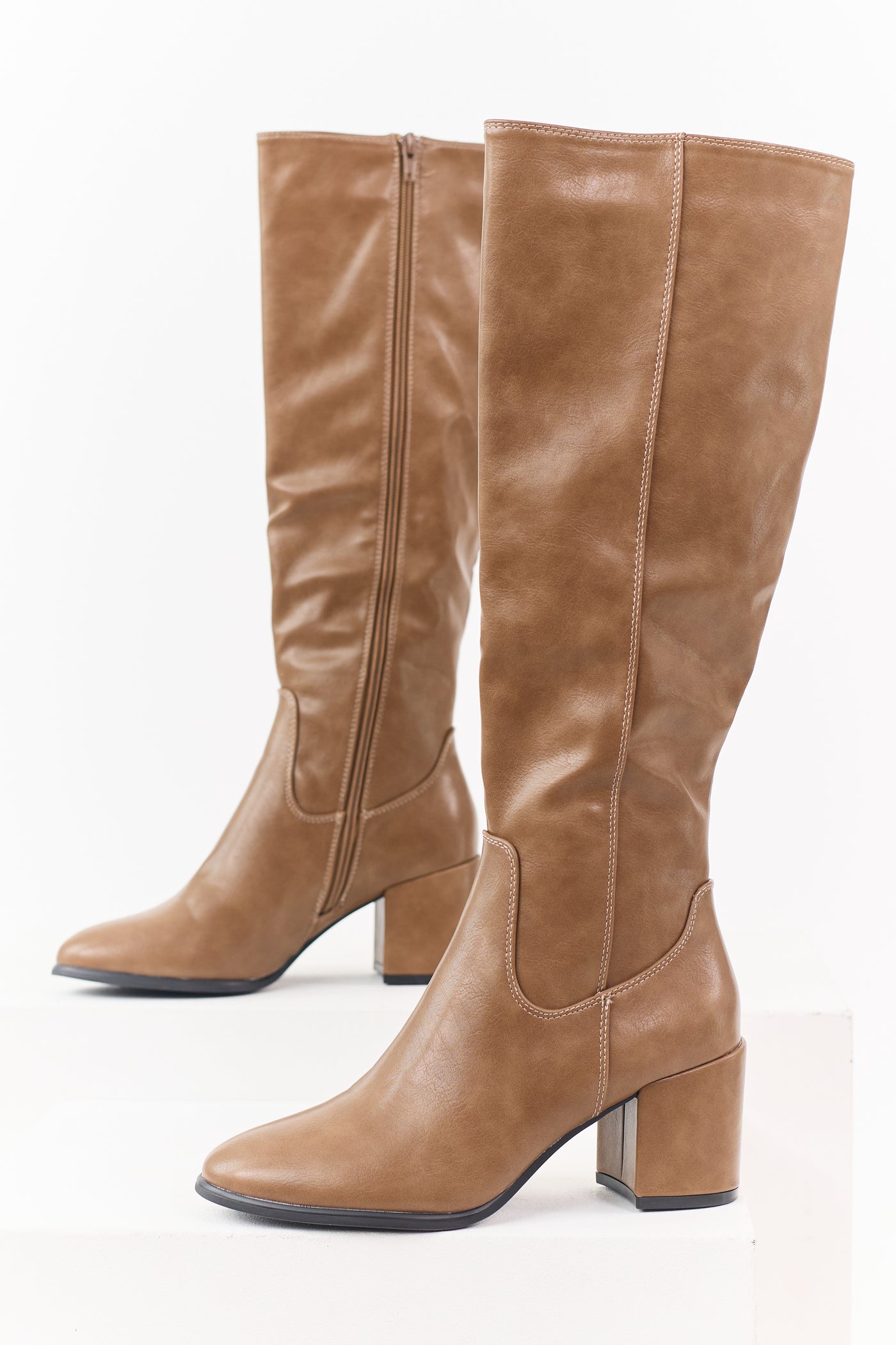 Latte Faux Leather Tall Block Heel Boots