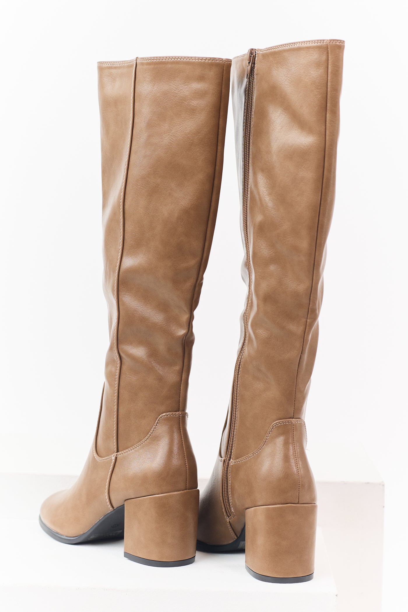Latte Faux Leather Tall Block Heel Boots