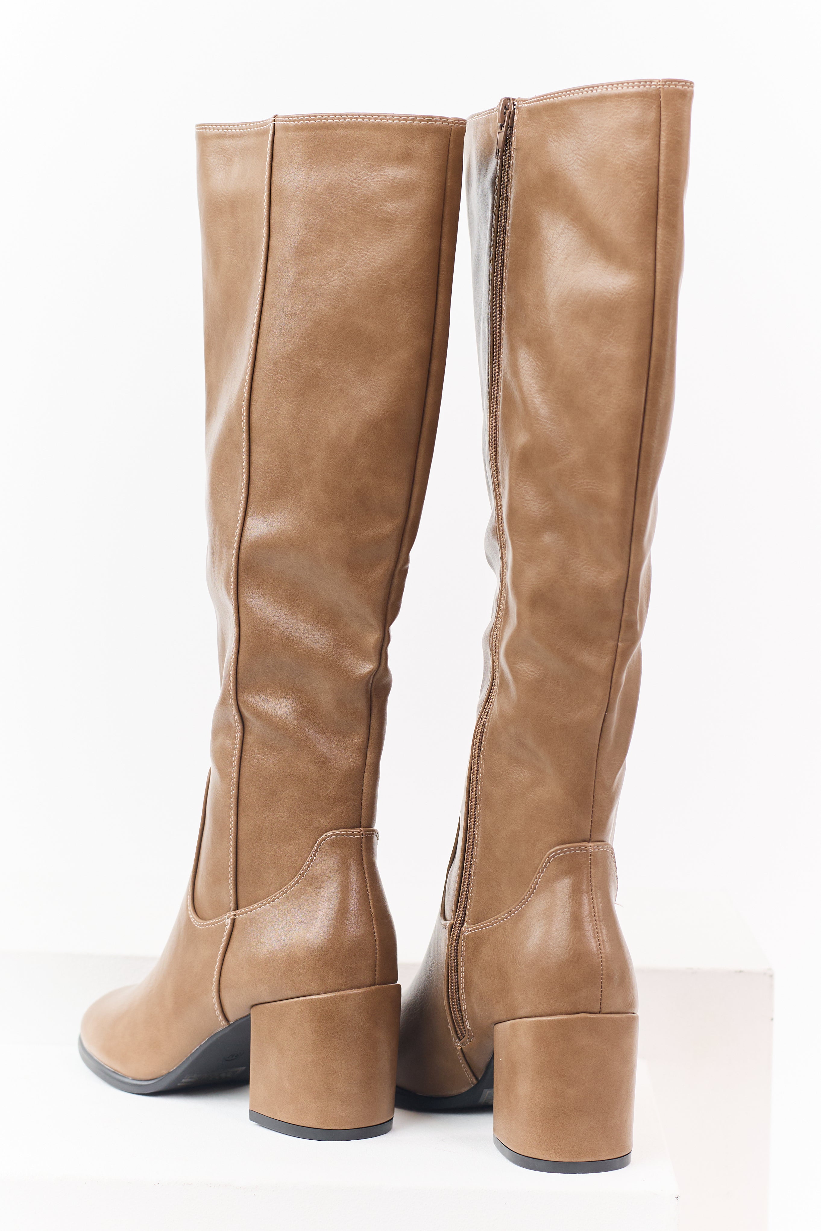 Latte Faux Leather Tall Block Heel Boots