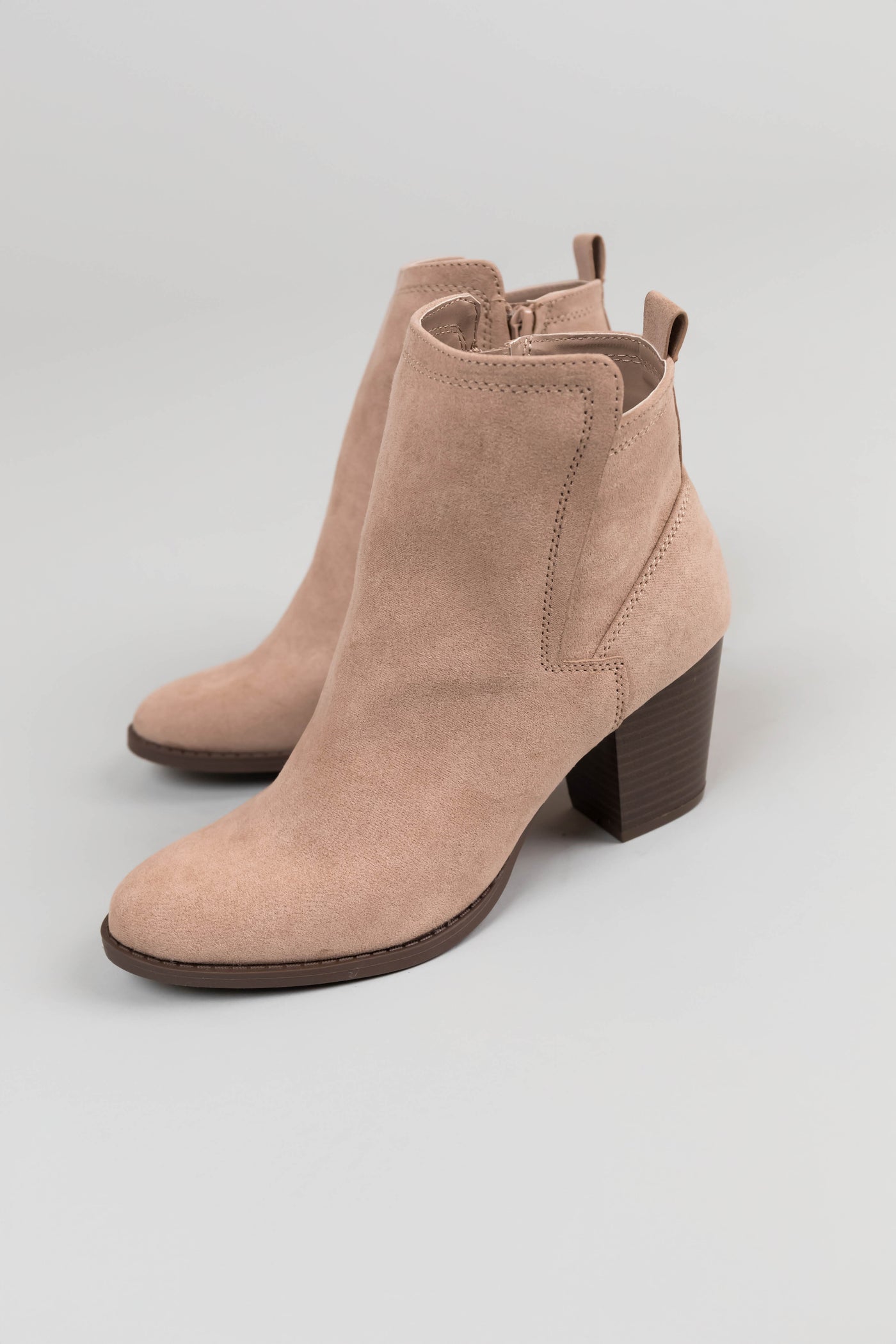 Latte Faux Suede Block Heel Ankle Booties