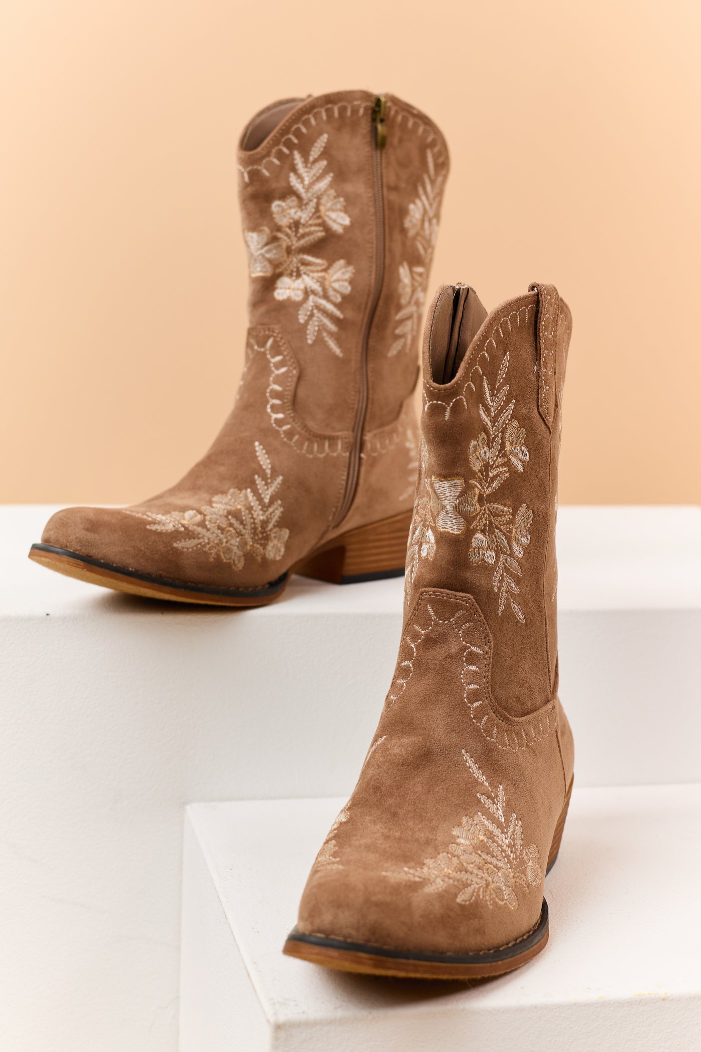 Latte Faux Suede Floral Embroidered Booties