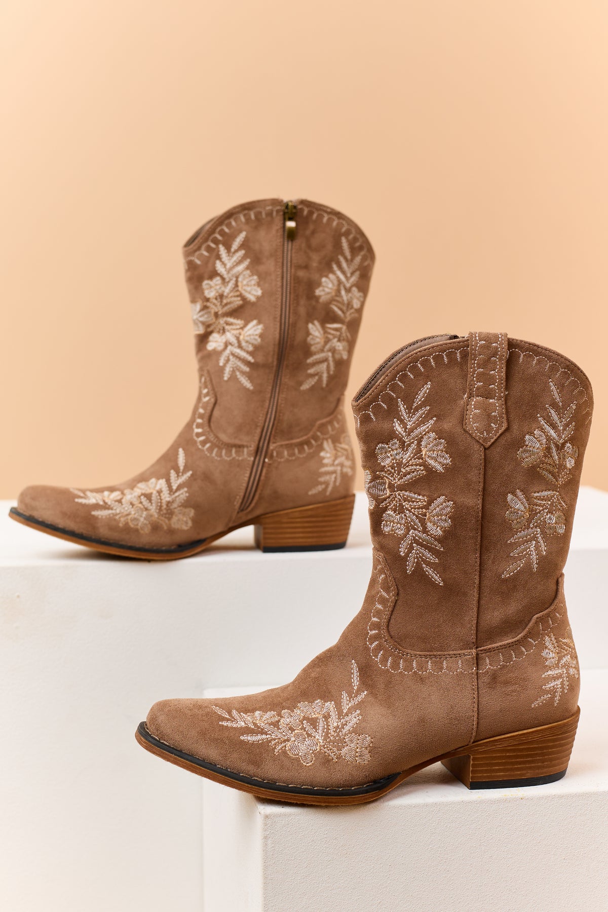 Latte Faux Suede Floral Embroidered Booties