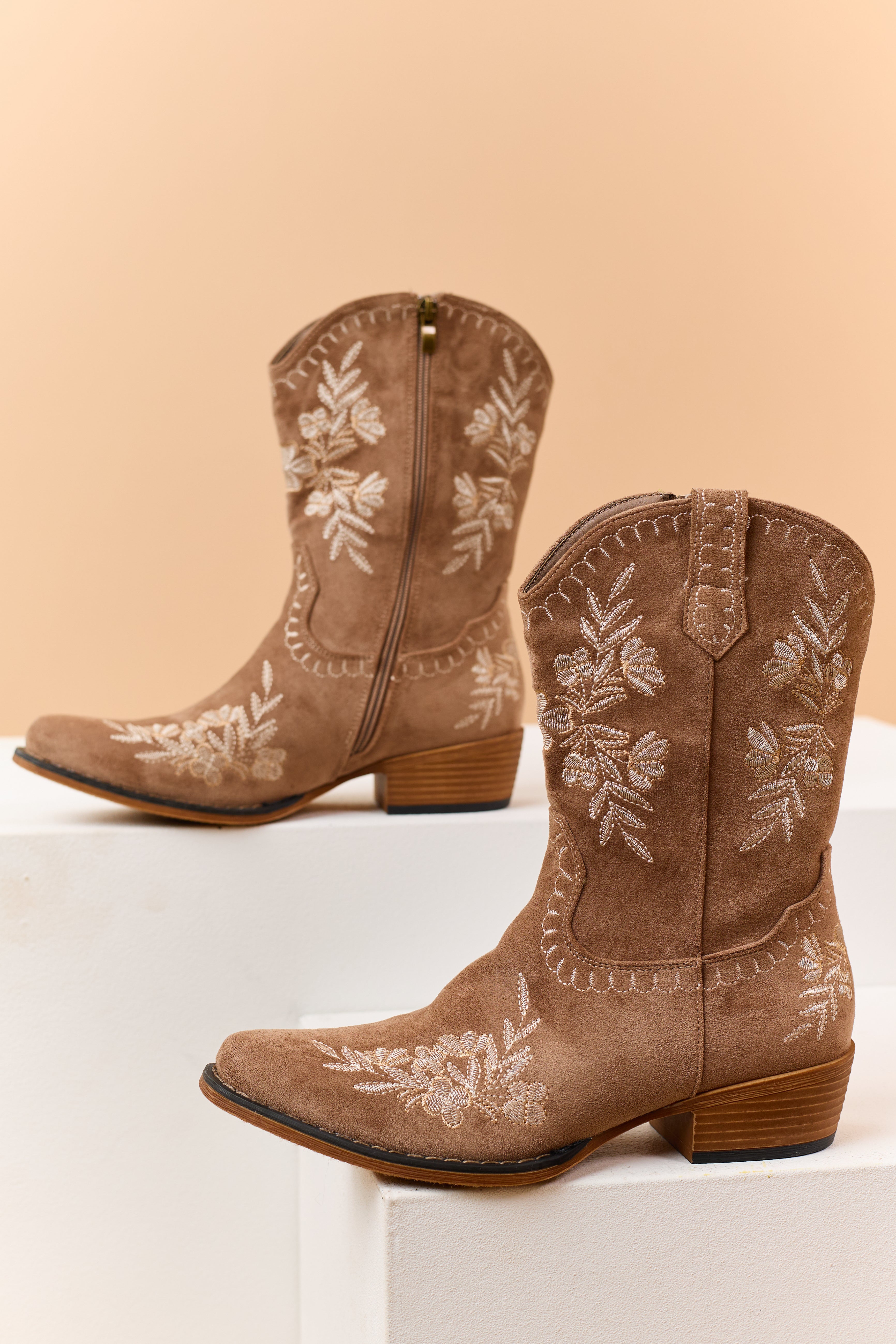 Latte Faux Suede Floral Embroidered Booties