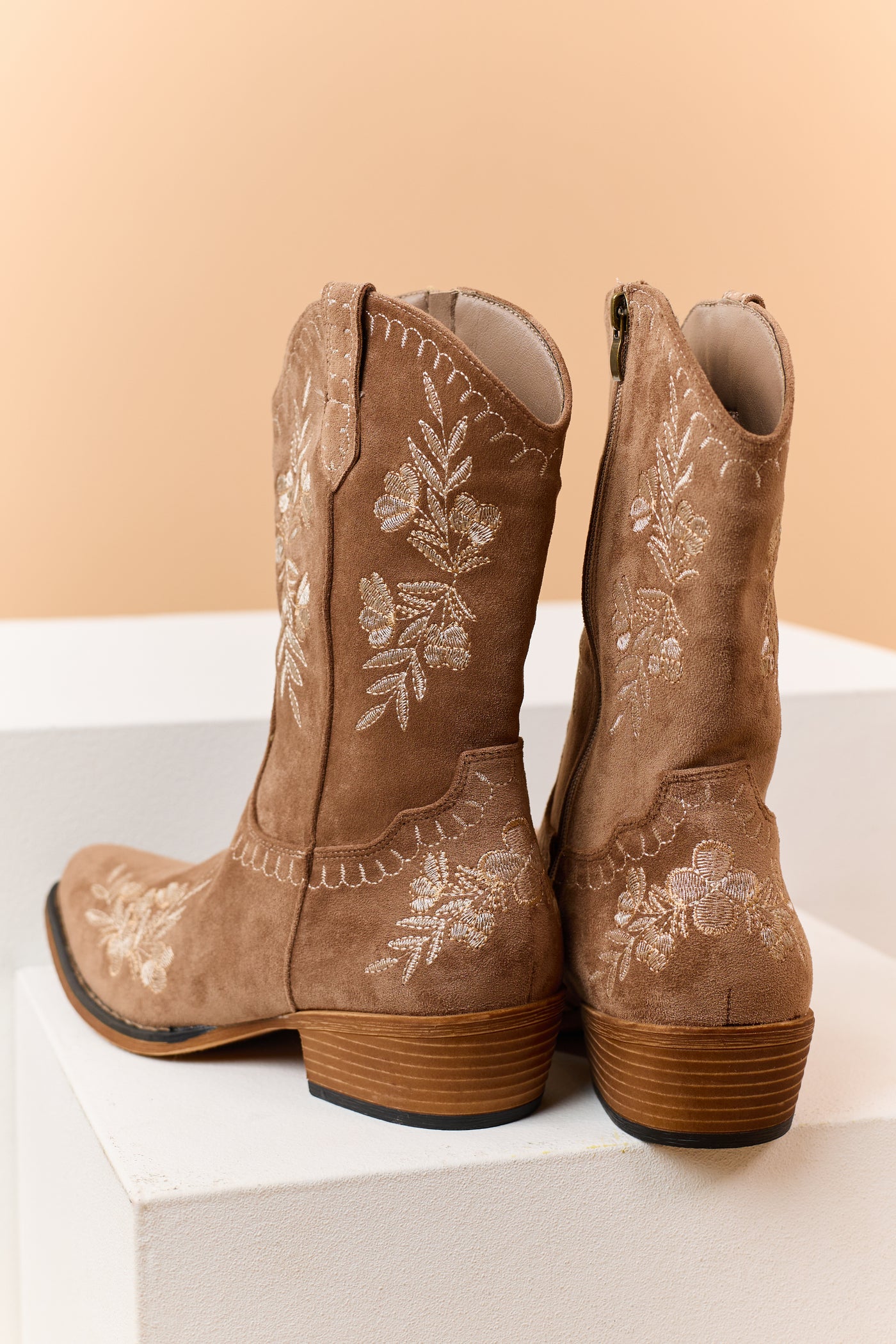 Latte Faux Suede Floral Embroidered Booties
