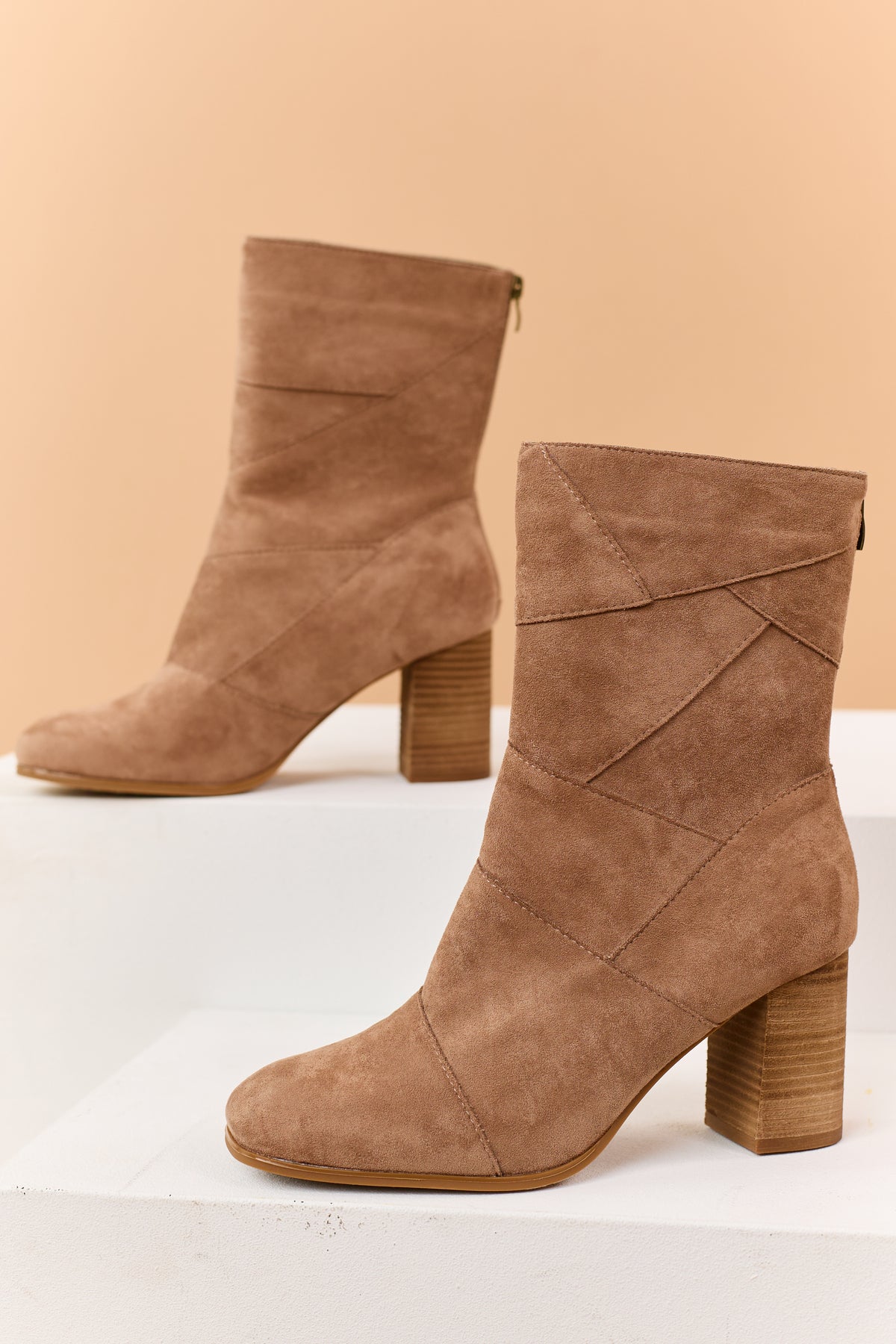 Latte Microsuede Square Toe Block Heel Booties