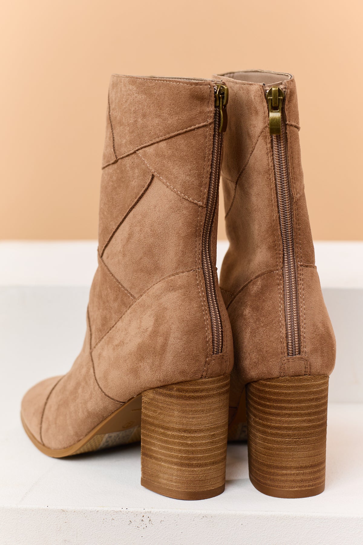 Latte Microsuede Square Toe Block Heel Booties