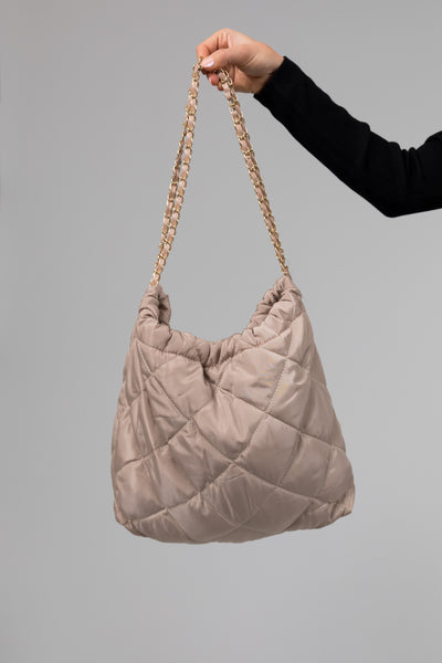 Latte Quilted Chain Strap Tote Bag