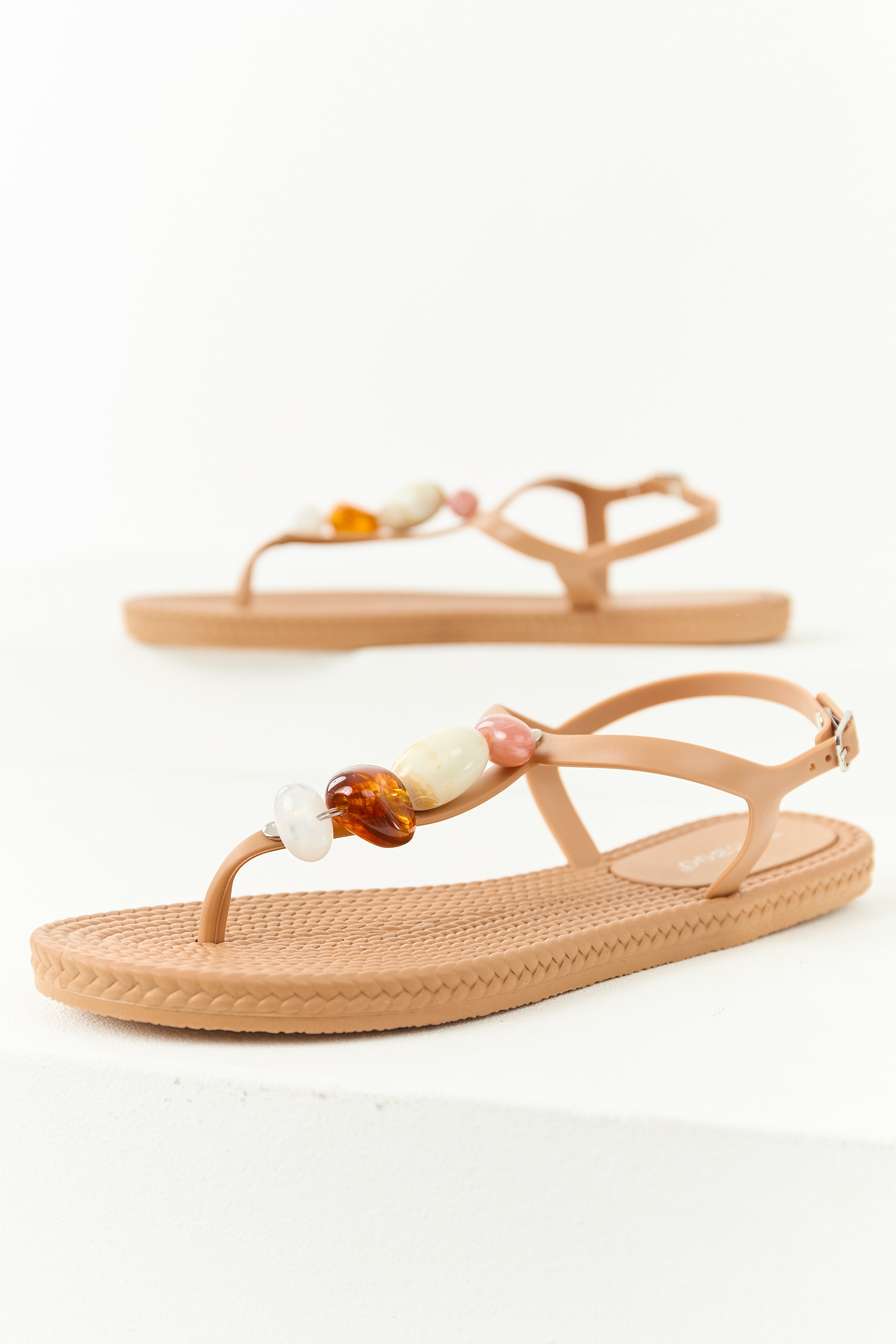 Latte Stone Embellished T-Strap Thong Sandals | Lime Lush