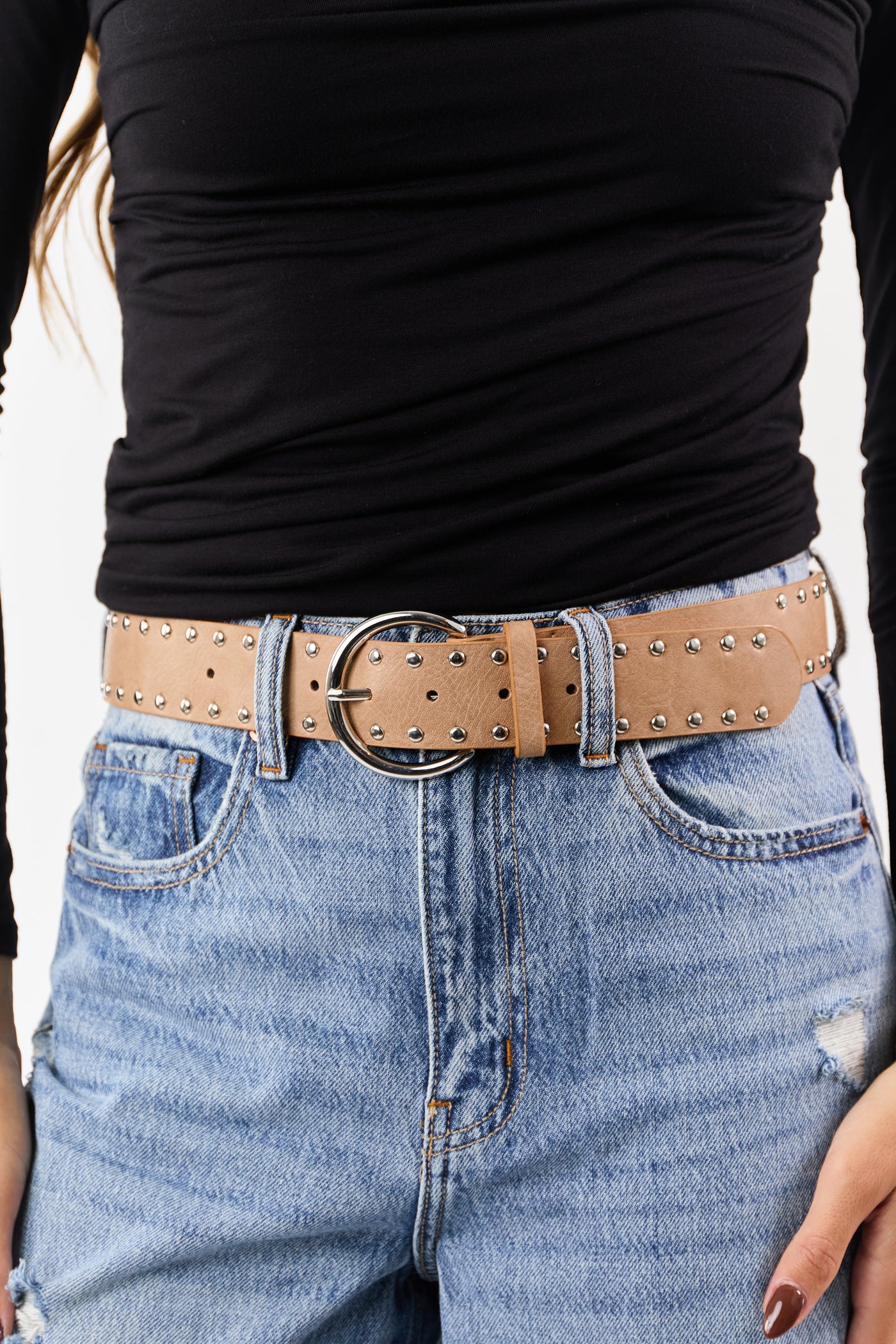 Latte Studded Faux Leather Belt