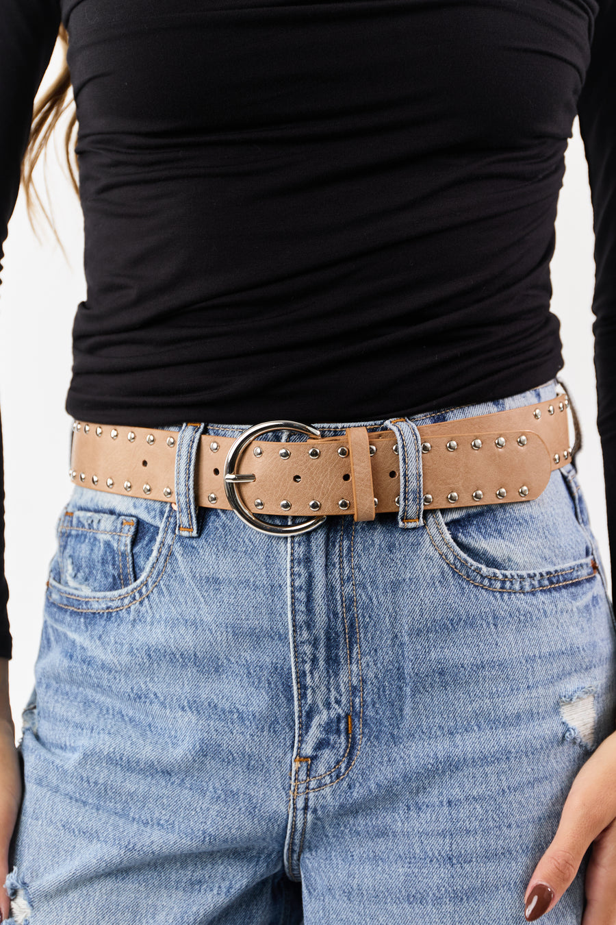 Latte Studded Faux Leather Belt