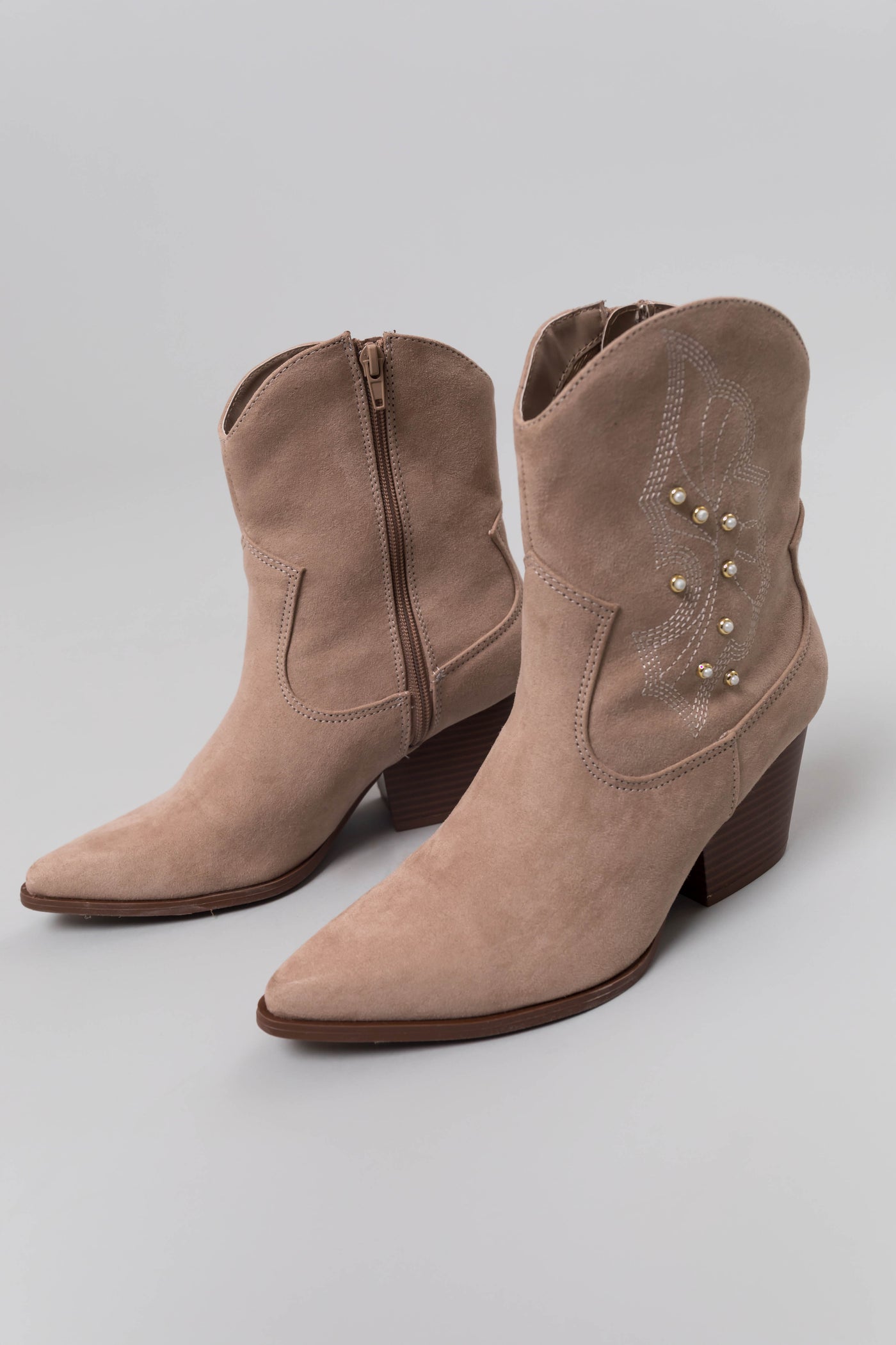 Latte Suede Studded Western Style Booties