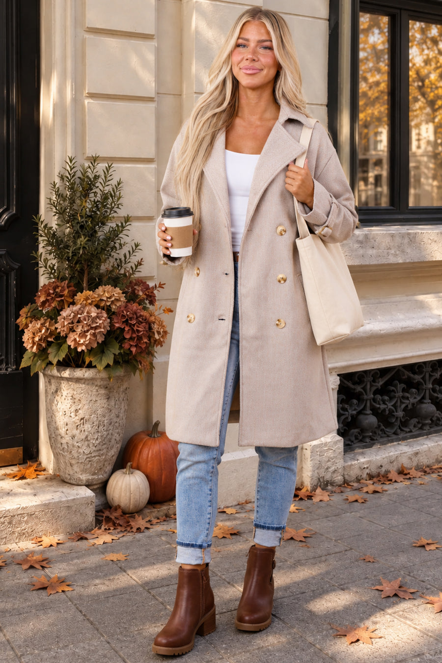 Latte Two Toned Double Breasted Trench Coat
