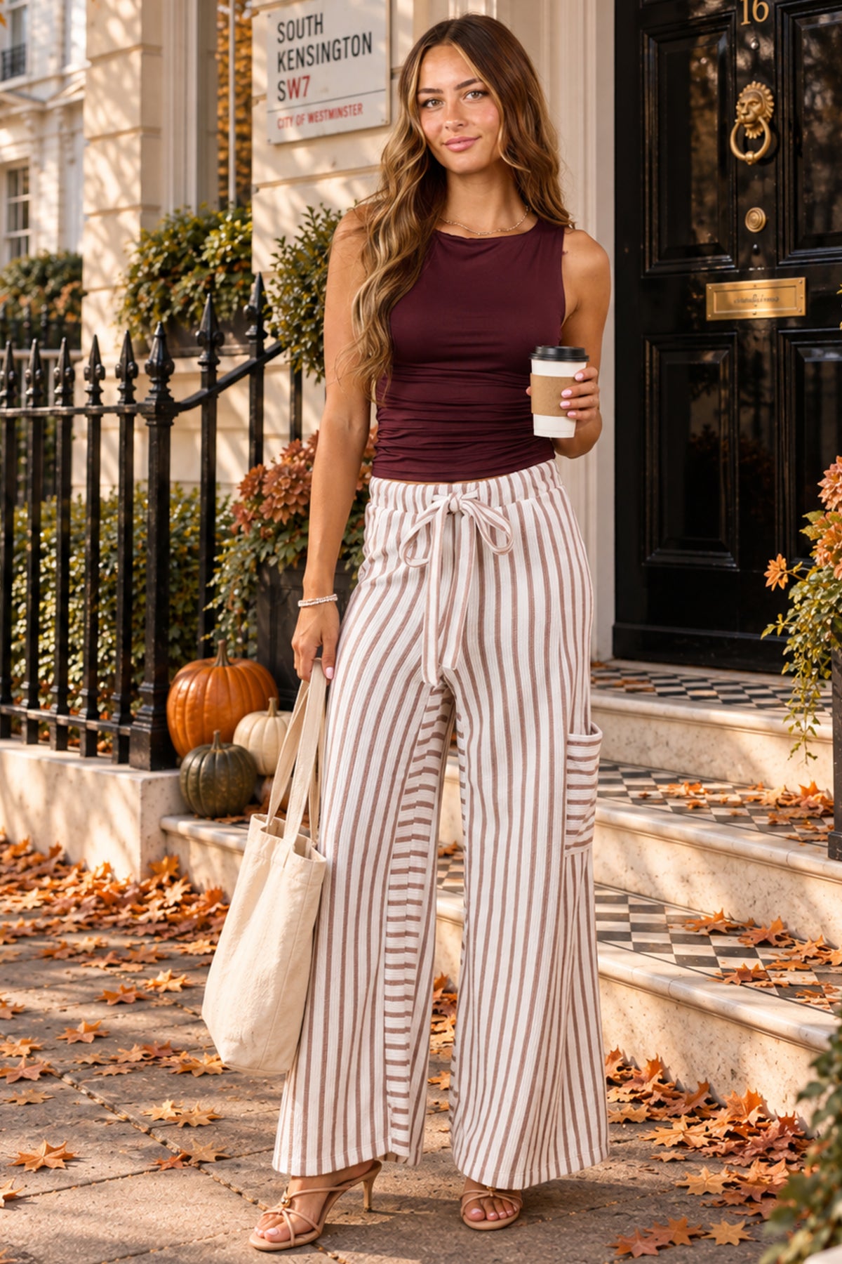 Latte and White Striped Wide Leg Pants