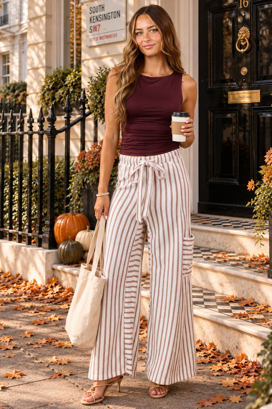 Latte and White Striped Wide Leg Pants