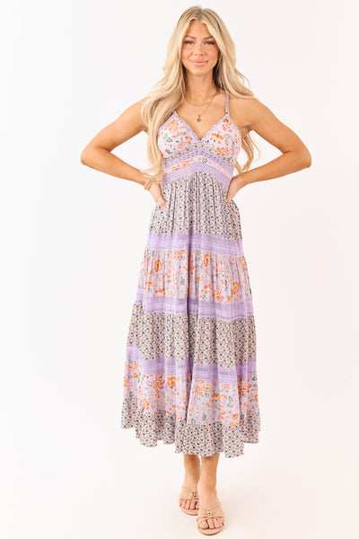 Lavender Floral Mix Print Sleeveless Maxi Dress