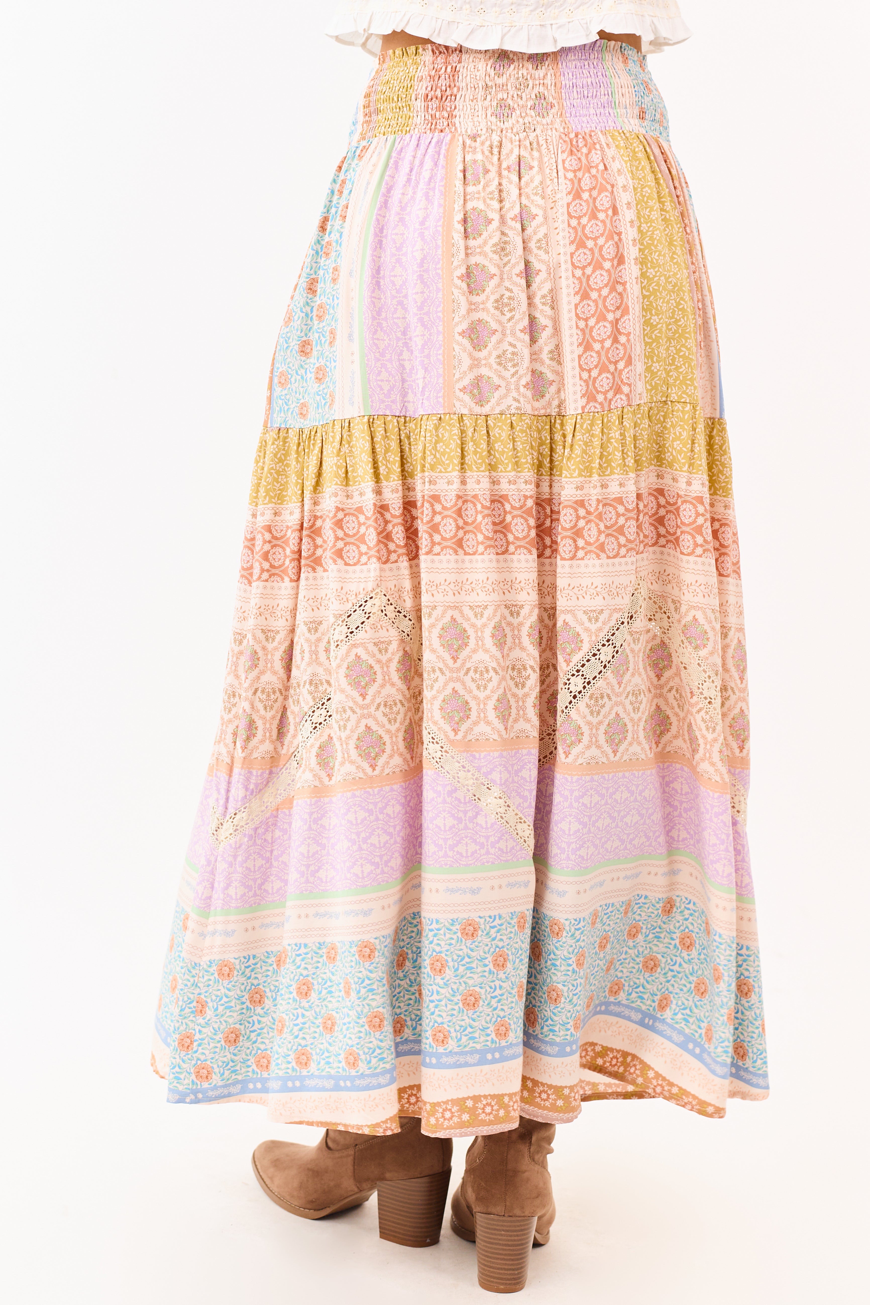Lavender Floral Patchwork Smocked Waist Maxi Skirt | Lime Lush