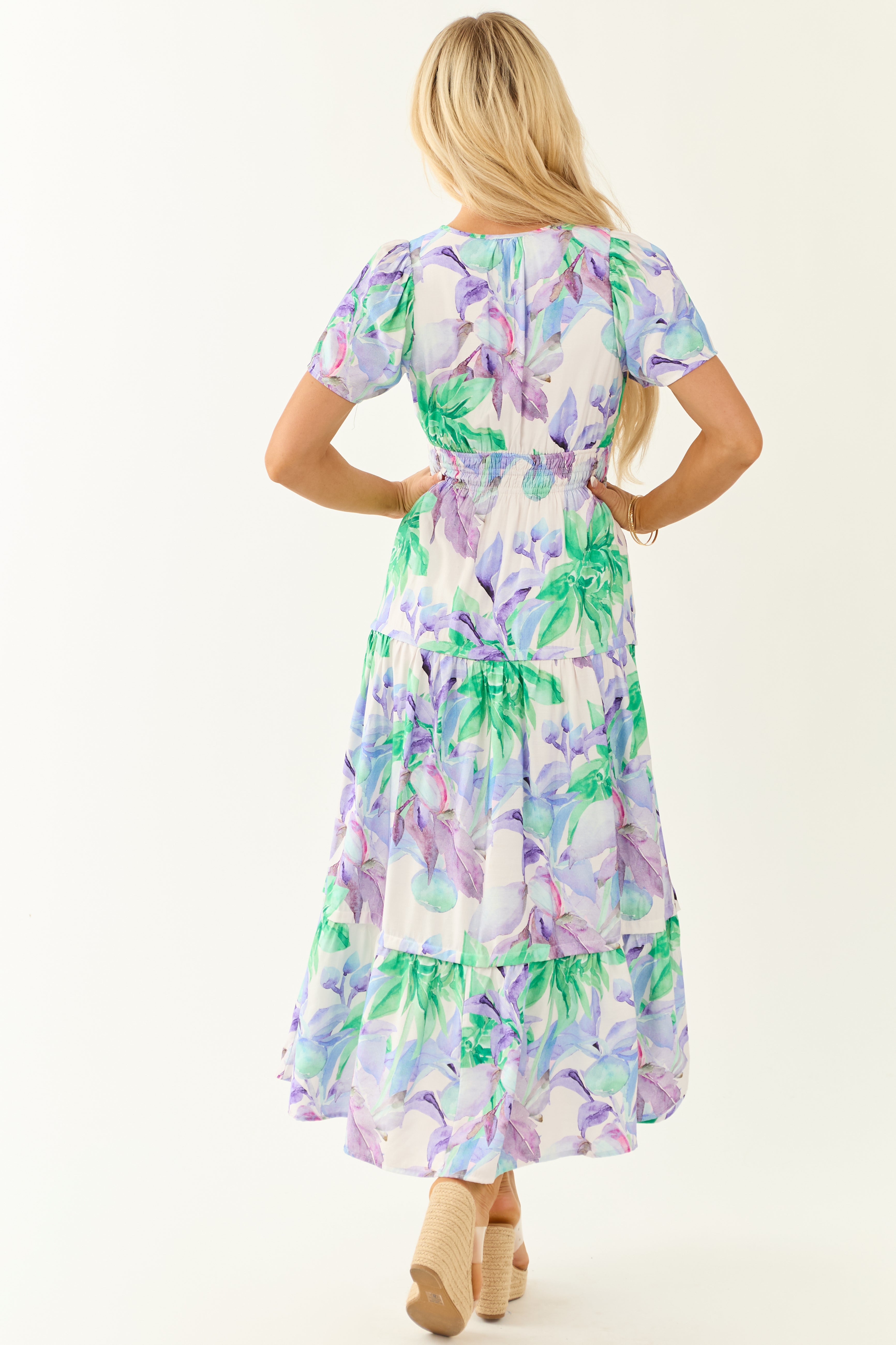 Lavender Floral Print Short Sleeve Maxi Dress