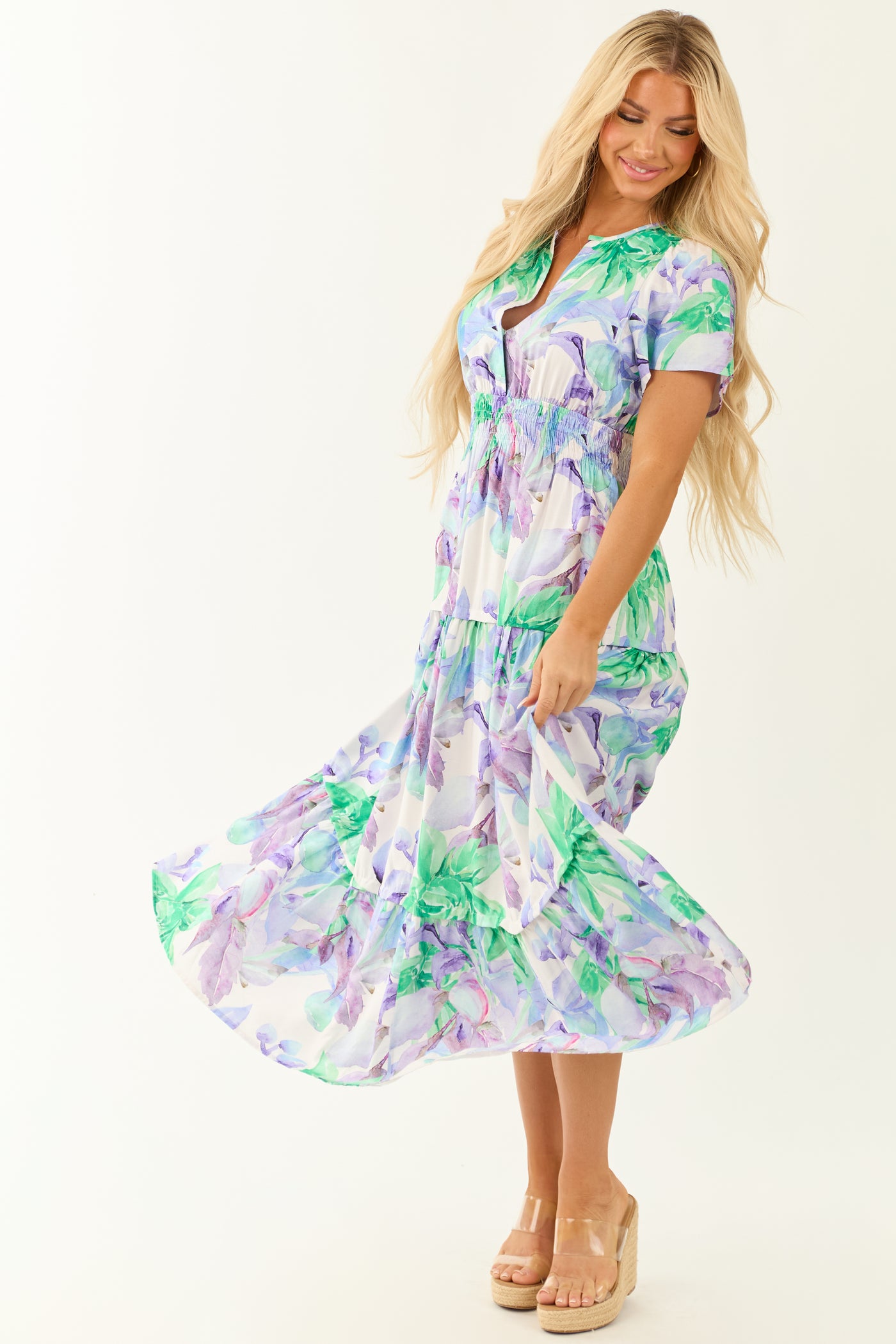 Lavender Floral Print Short Sleeve Maxi Dress