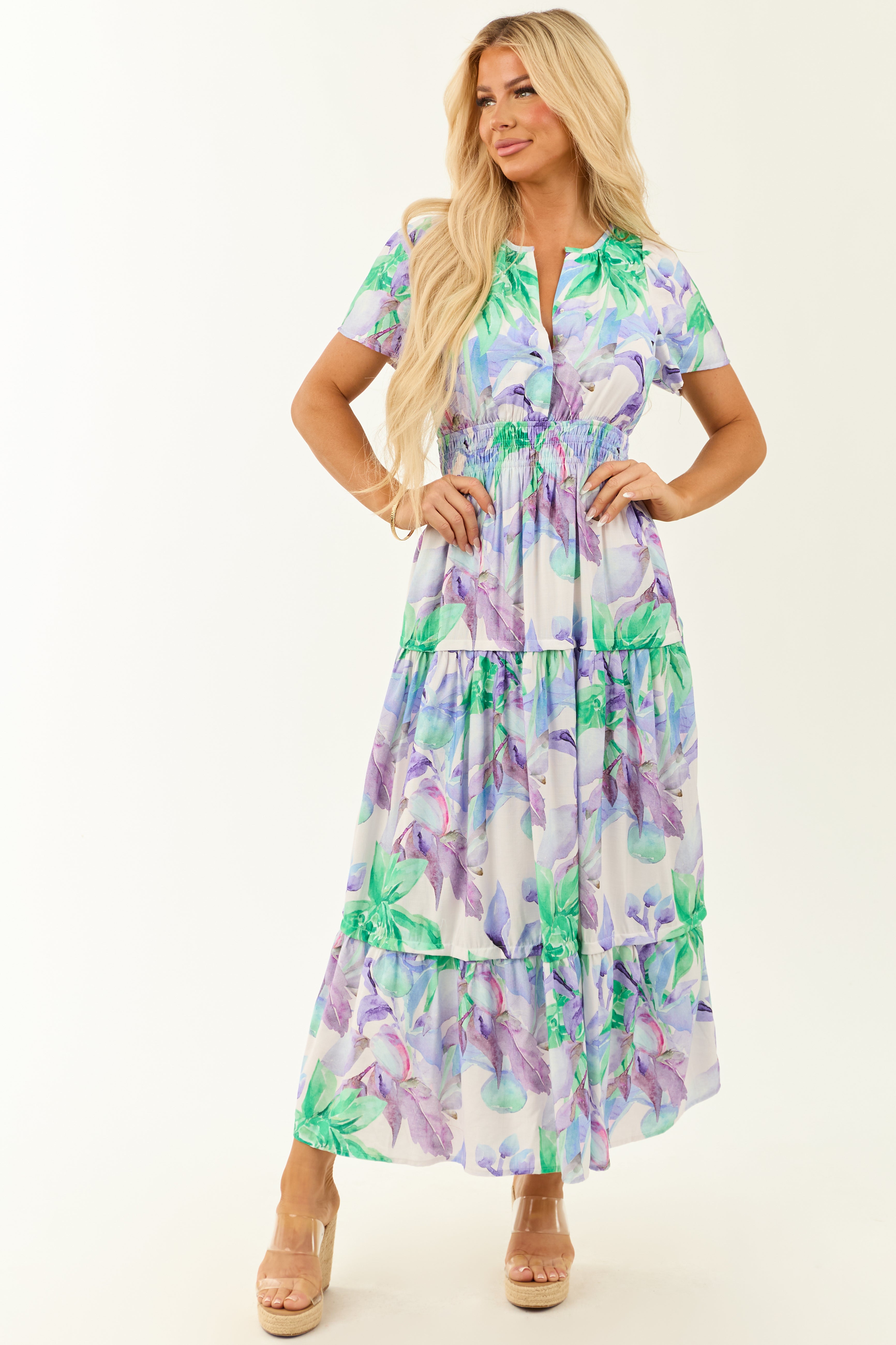 Lavender Floral Print Short Sleeve Maxi Dress