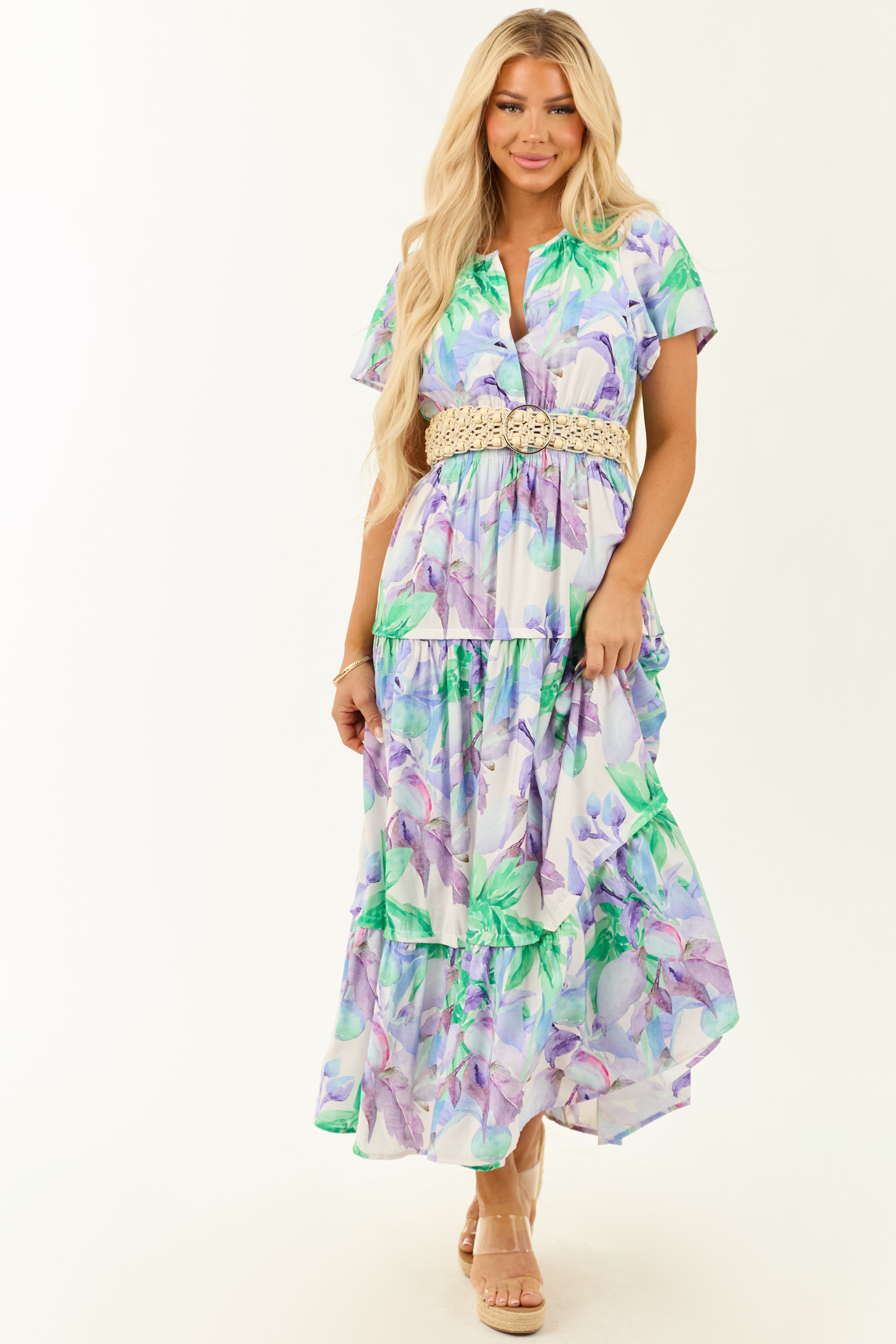 Lavender Floral Print Short Sleeve Maxi Dress