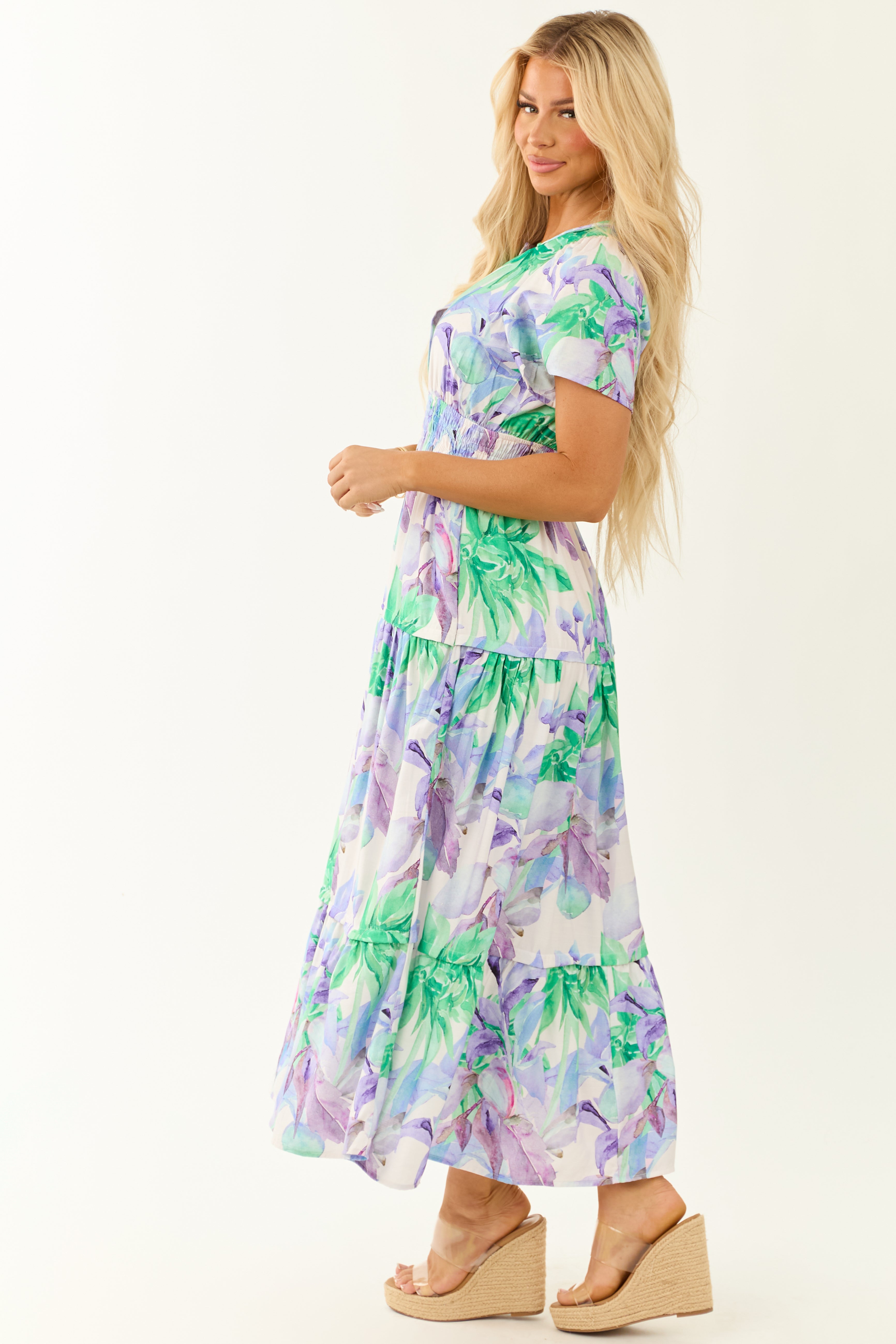 Lavender Floral Print Short Sleeve Maxi Dress