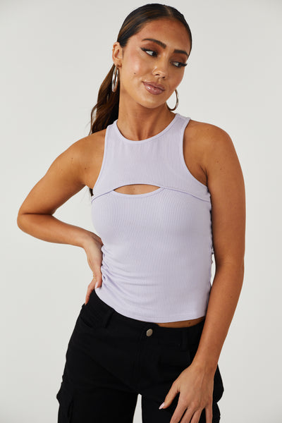 Lavender Front Cut Out Ribbed Knit Tank Top