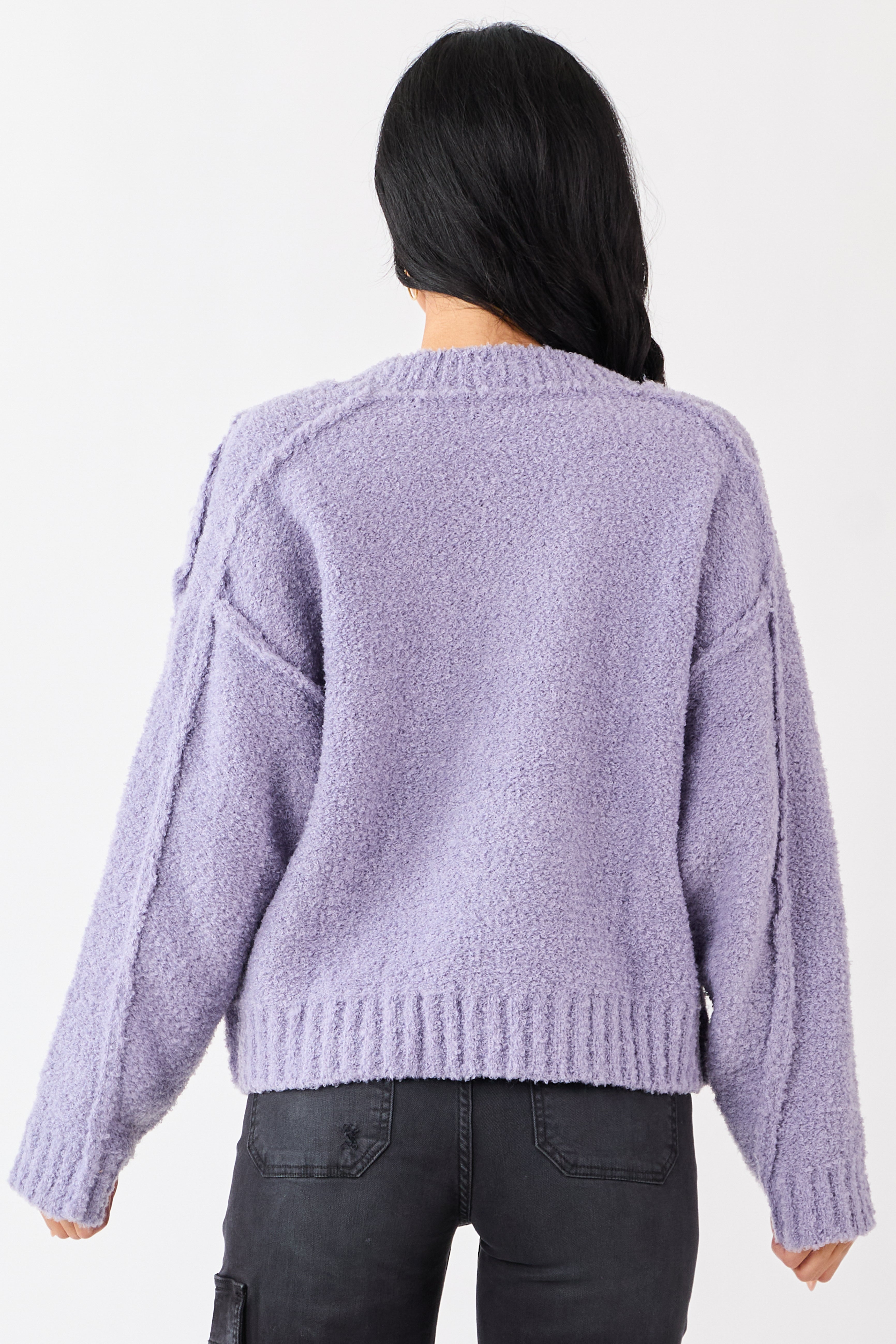 Lavender Fuzzy Knit V-Neck Exposed Seam Sweater