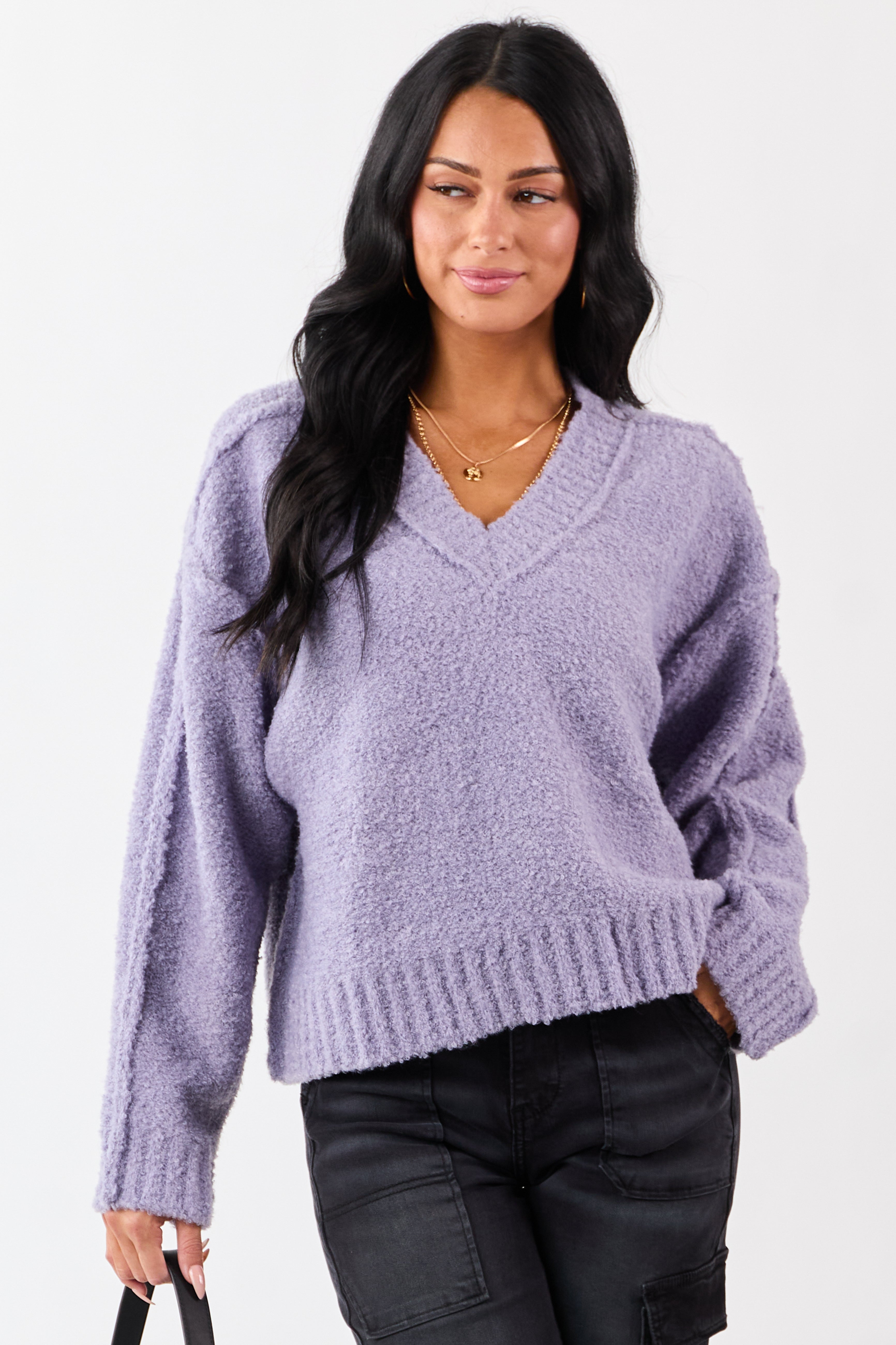 Lavender Fuzzy Knit V-Neck Exposed Seam Sweater