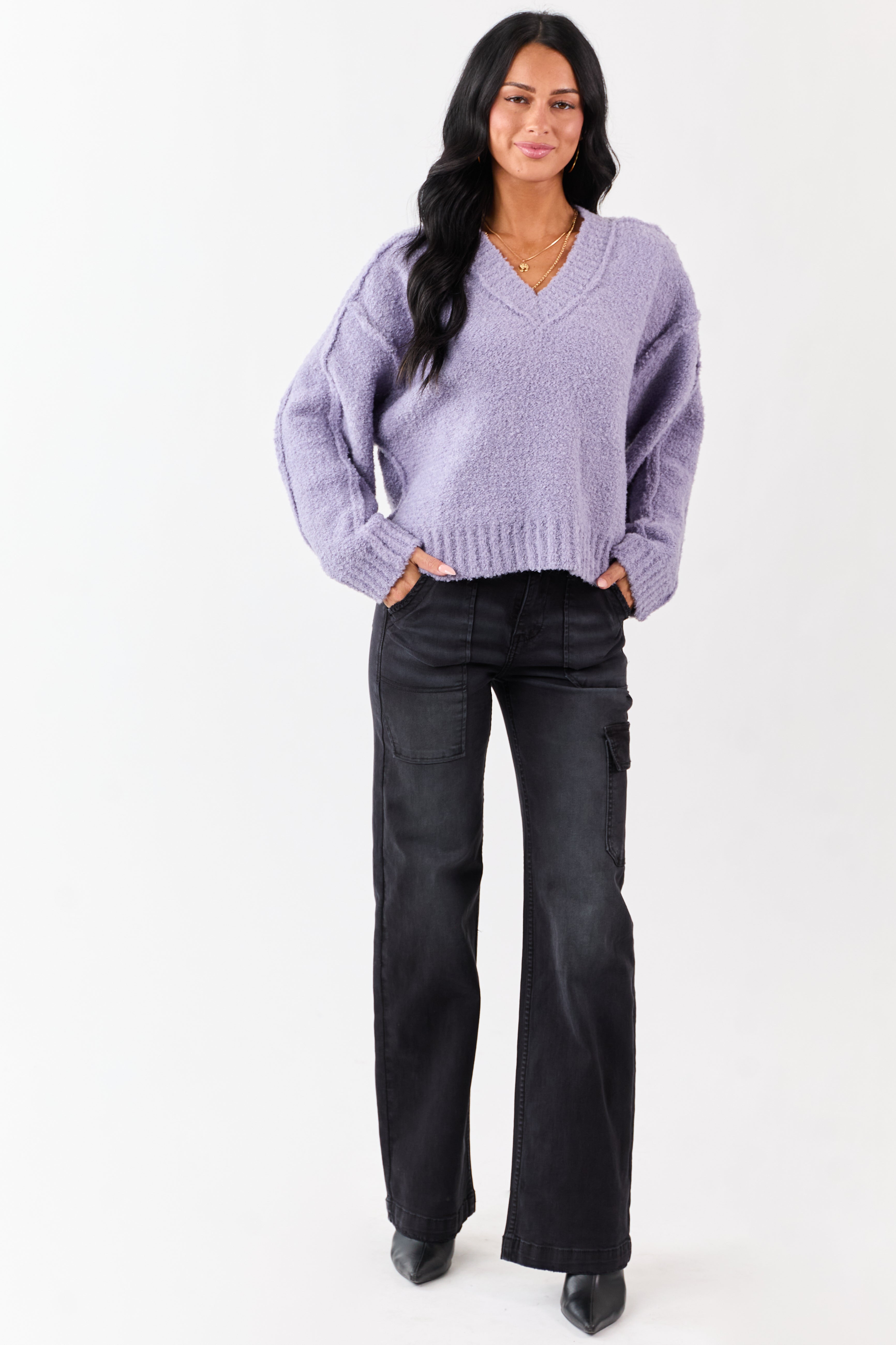 Lavender Fuzzy Knit V-Neck Exposed Seam Sweater