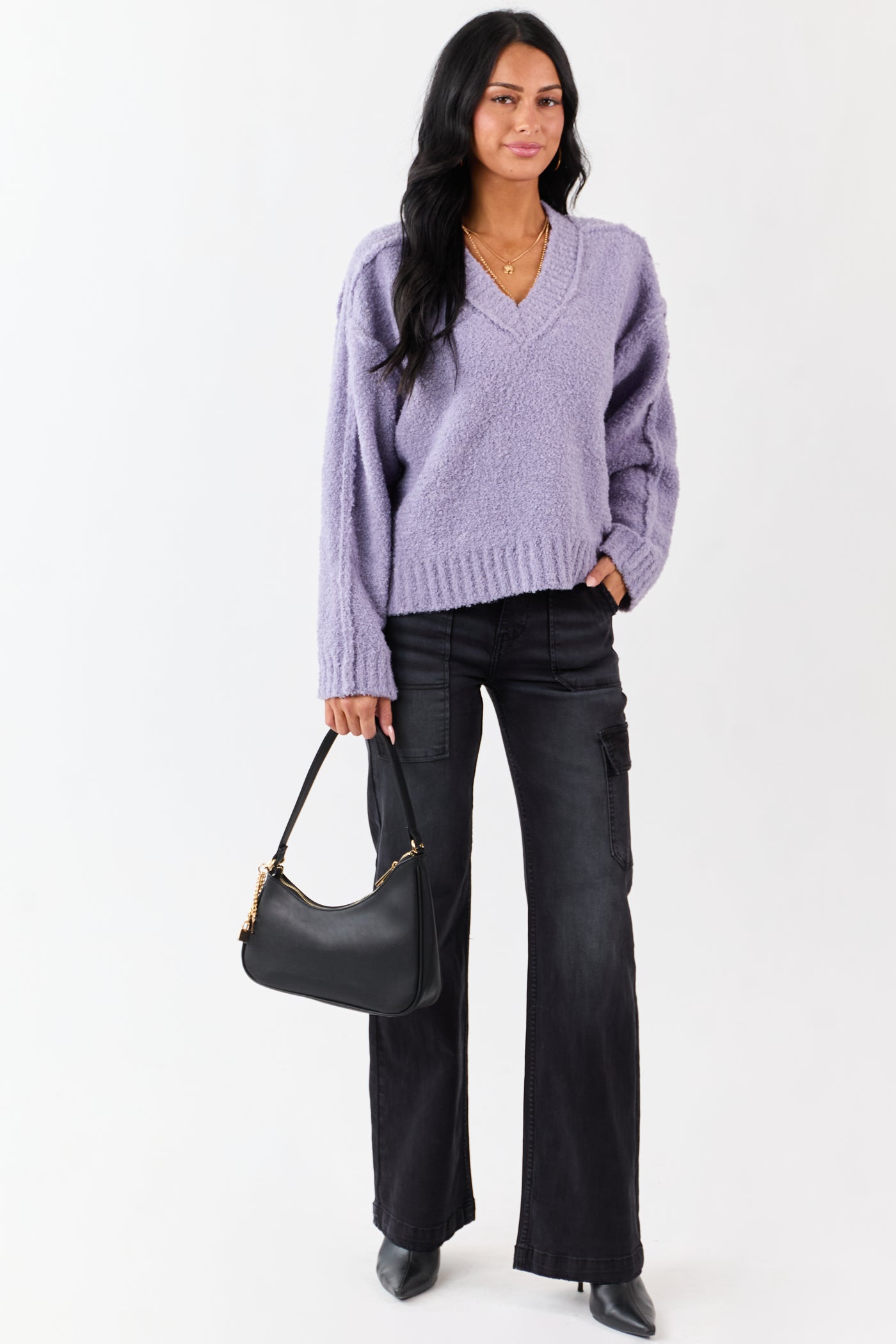 Lavender Fuzzy Knit V-Neck Exposed Seam Sweater