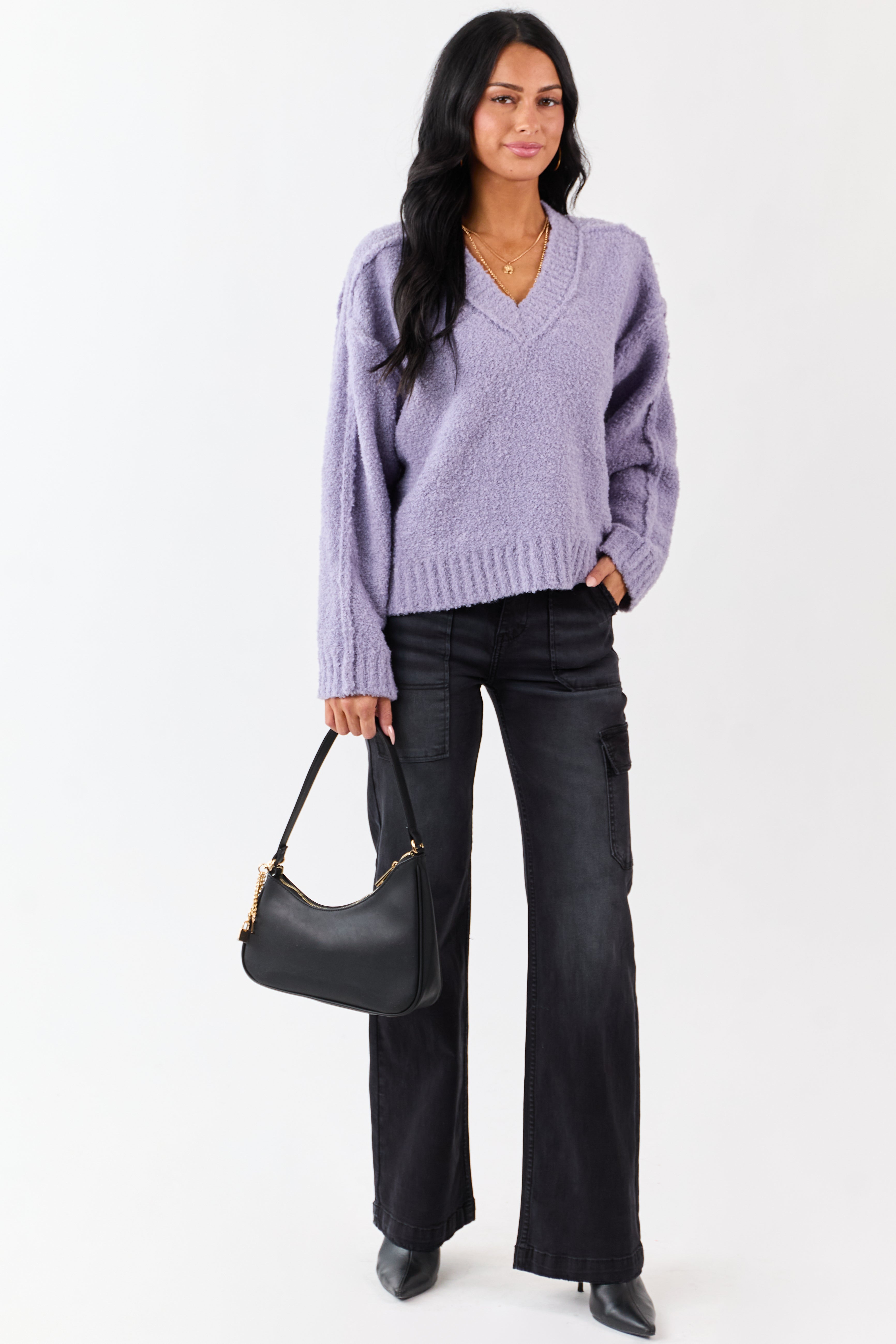 Lavender Fuzzy Knit V-Neck Exposed Seam Sweater