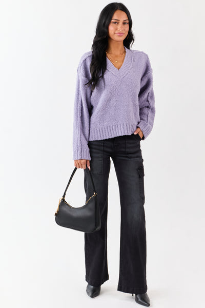 Lavender Fuzzy Knit V-Neck Exposed Seam Sweater