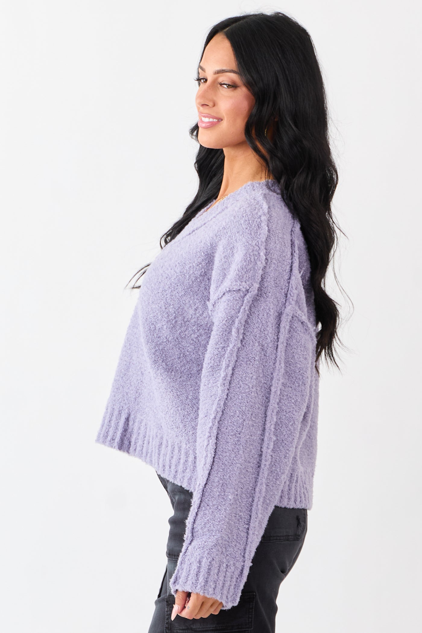 Lavender Fuzzy Knit V-Neck Exposed Seam Sweater