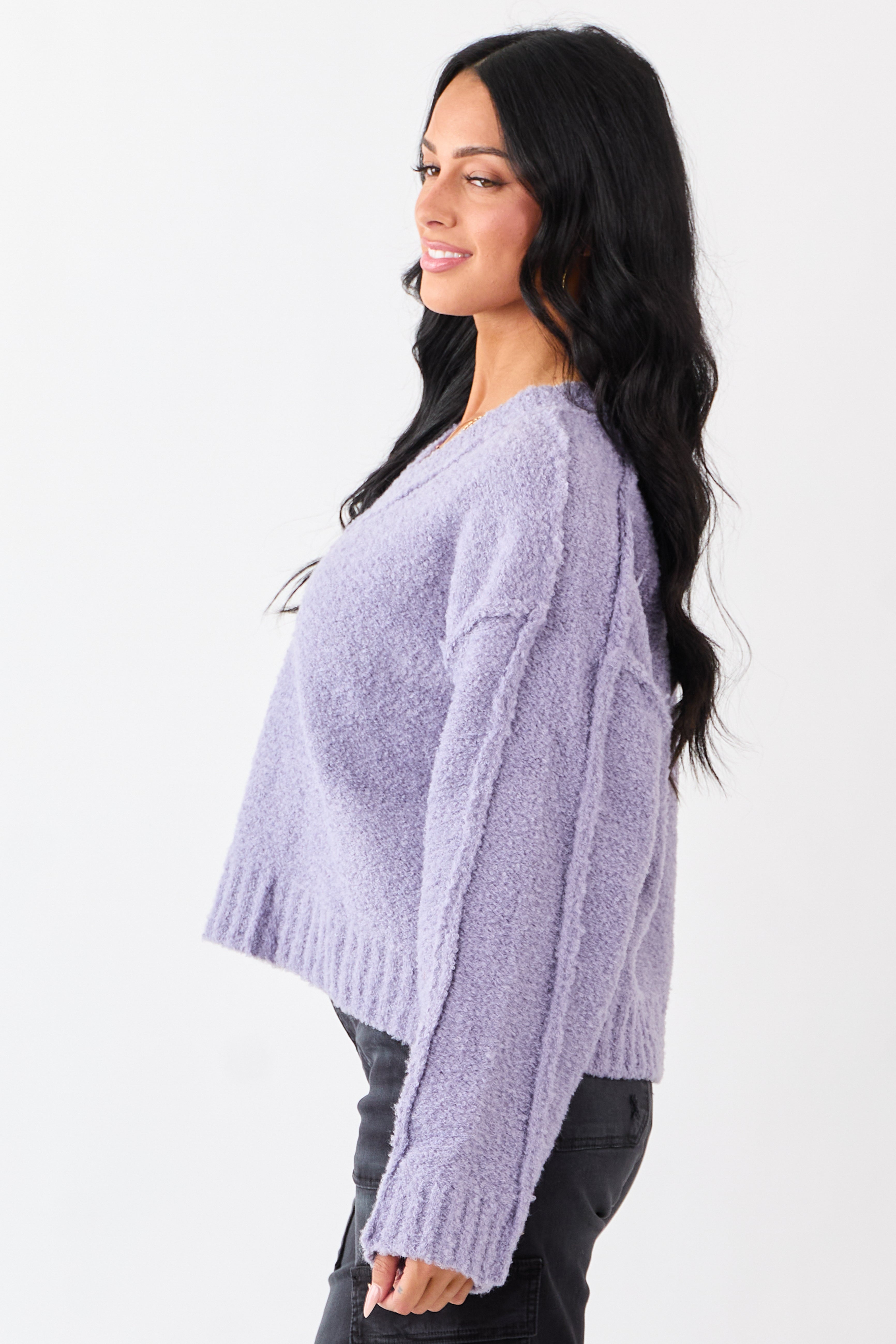 Lavender Fuzzy Knit V-Neck Exposed Seam Sweater