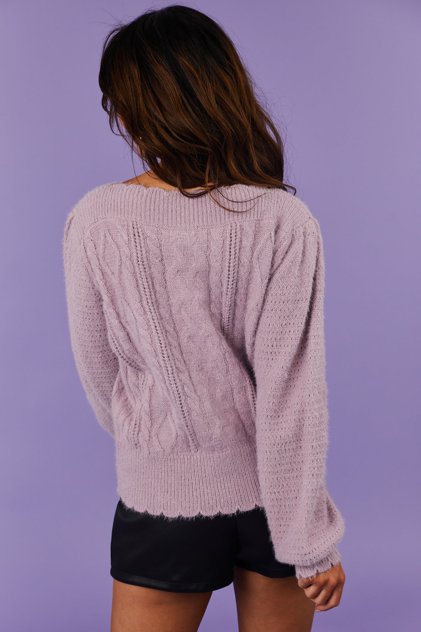 Lavender Long Sleeve Pom Pom Knit Sweater