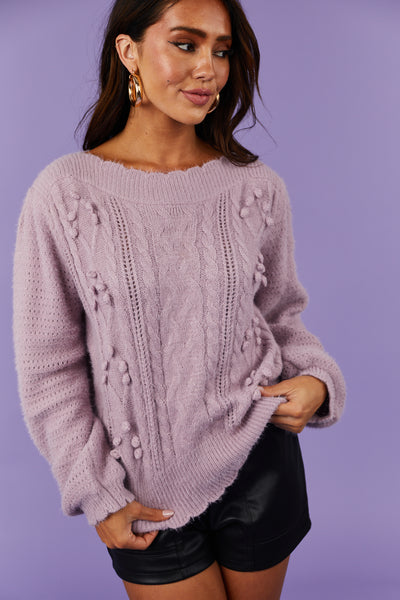 Lavender Long Sleeve Pom Pom Knit Sweater