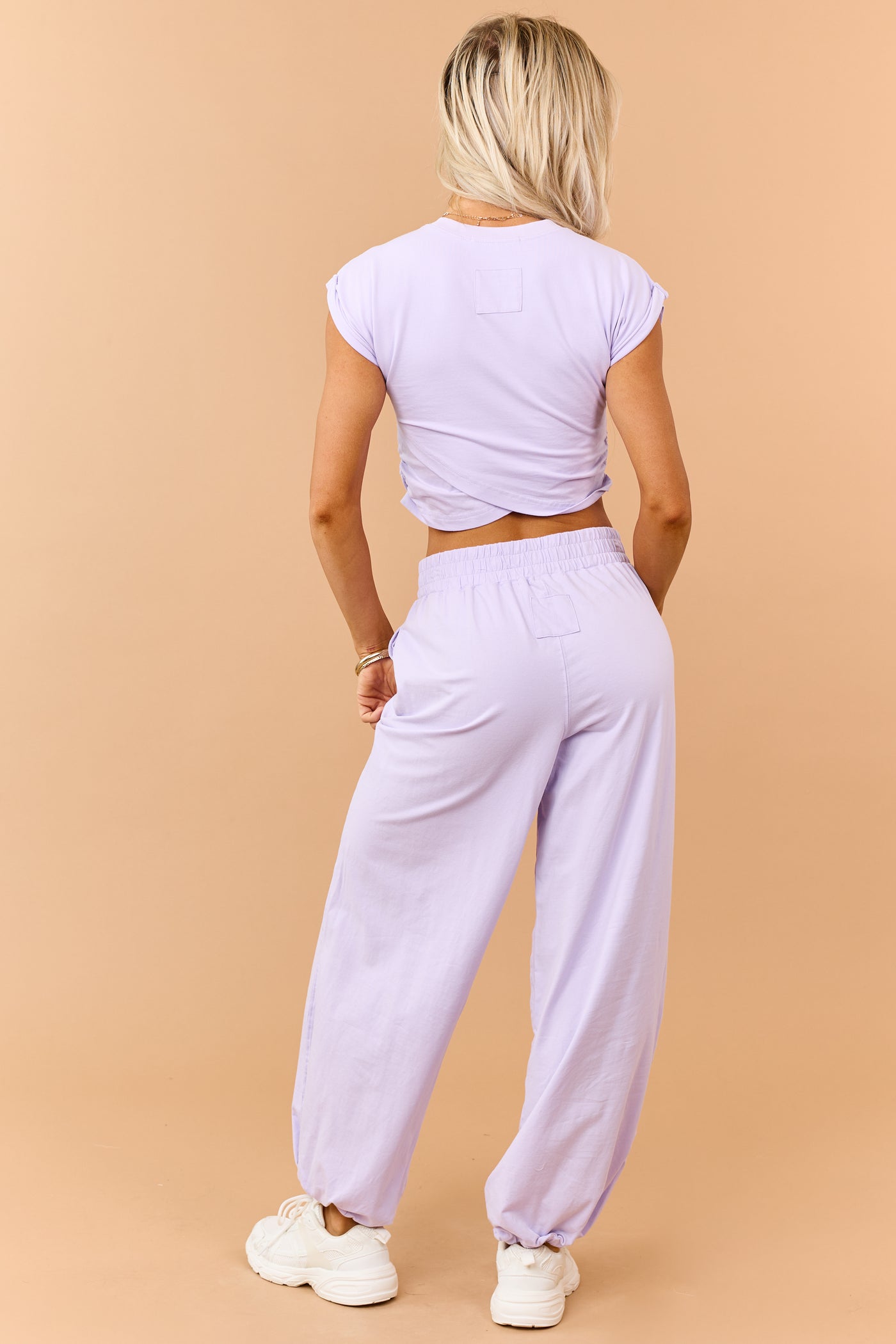 Lavender Ruched Cotton Knit Top and Pants Set