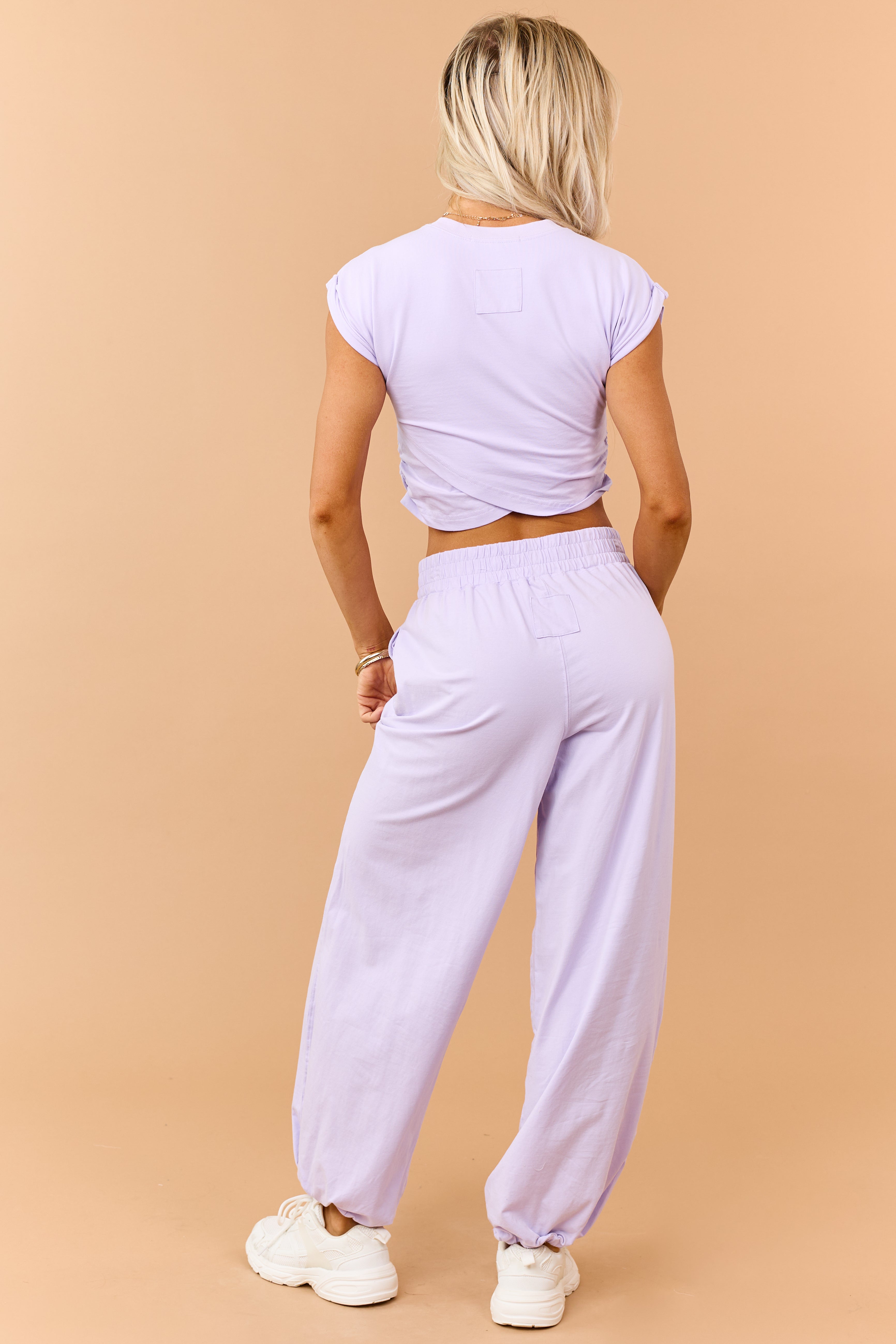 Lavender Ruched Cotton Knit Top and Pants Set