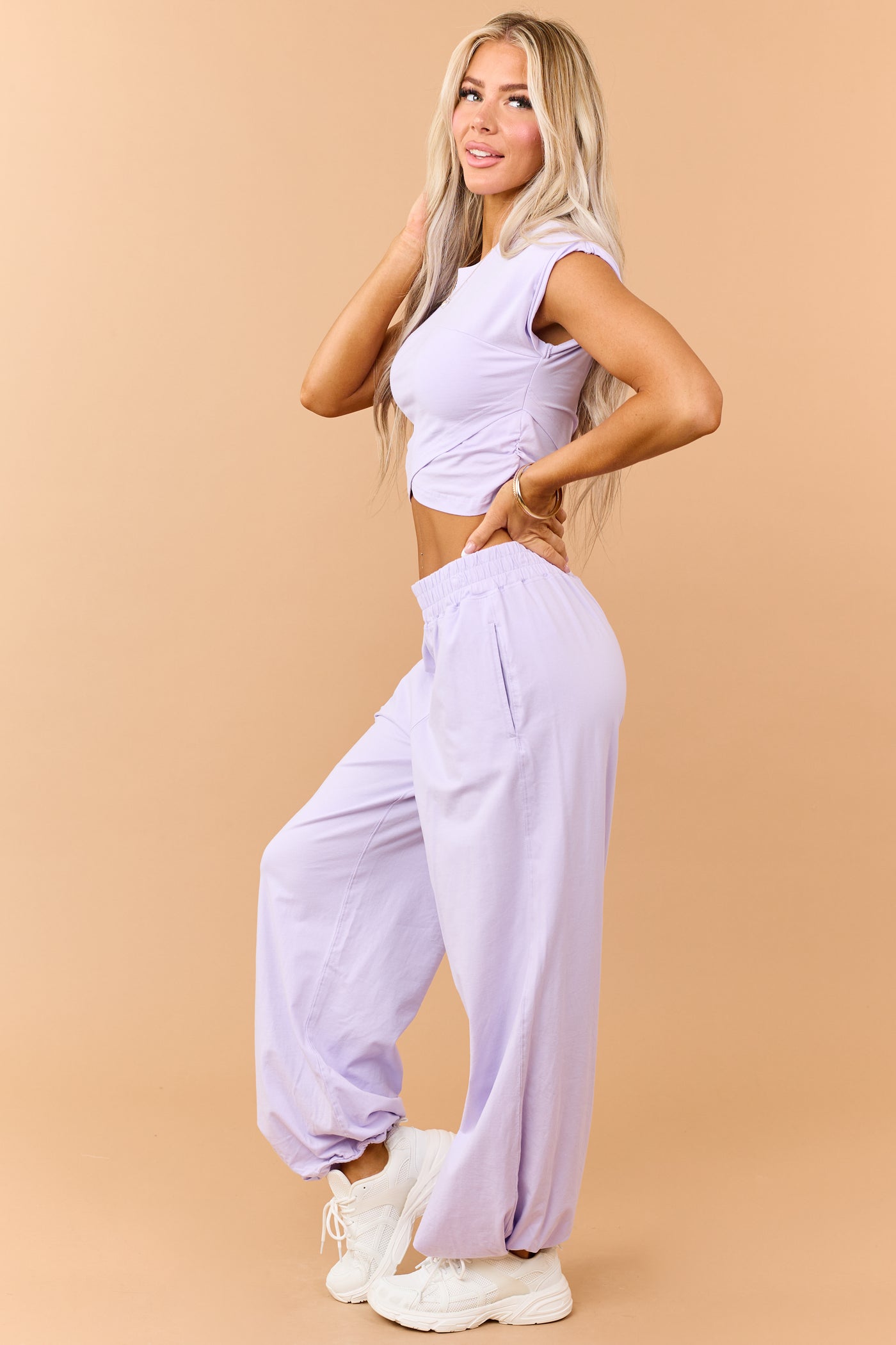 Lavender Ruched Cotton Knit Top and Pants Set