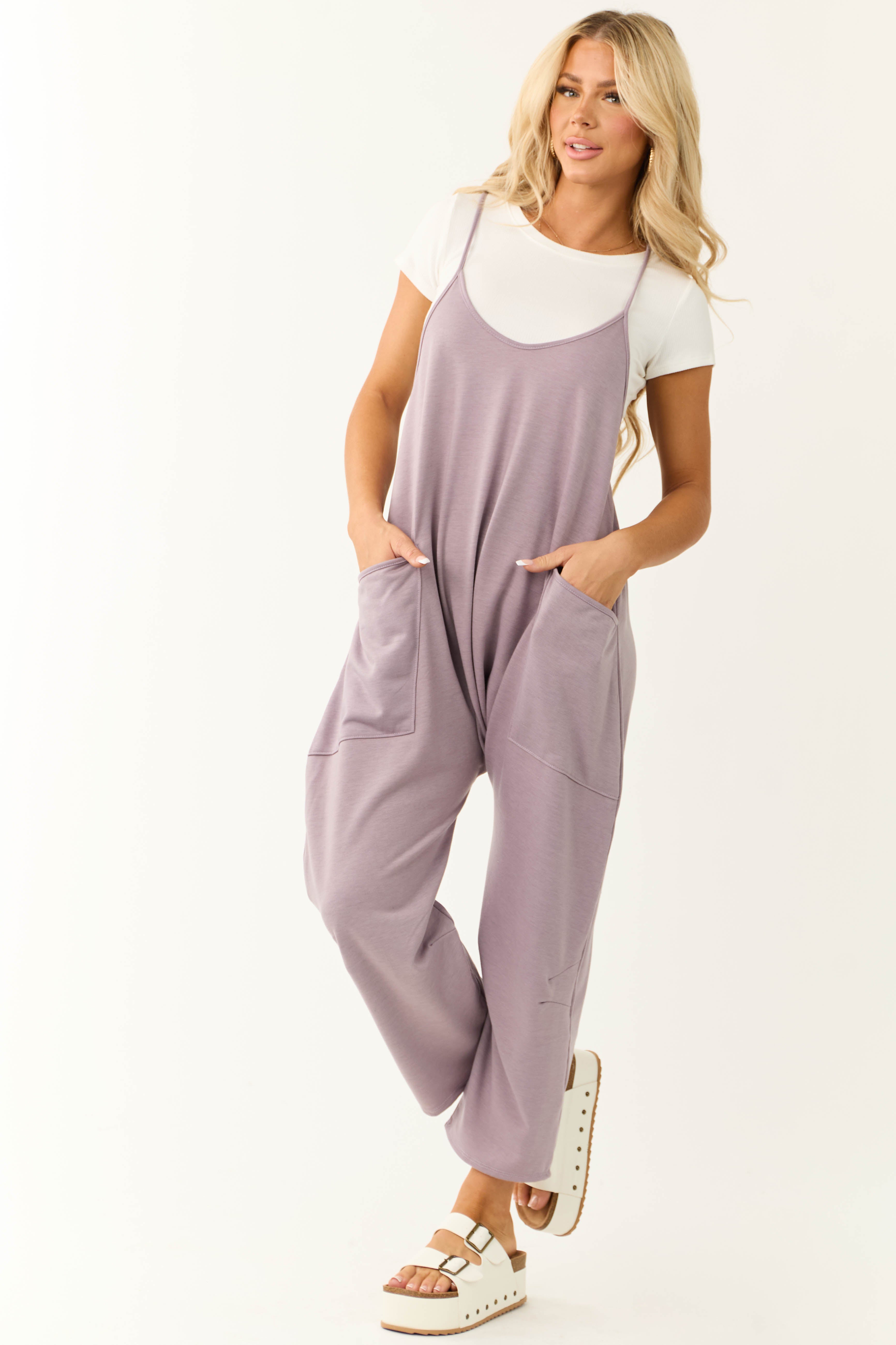 Lavender Sleeveless Front Pocket Loose Jumpsuit | Lime Lush Boutique